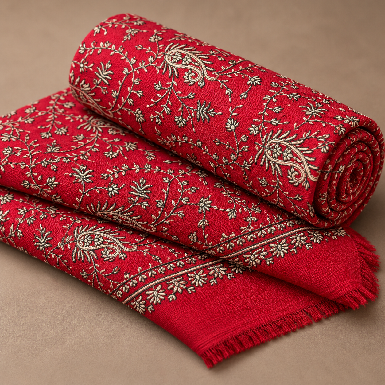 Crimson Red Paisley Machine Sozni Fine Wool Shawl