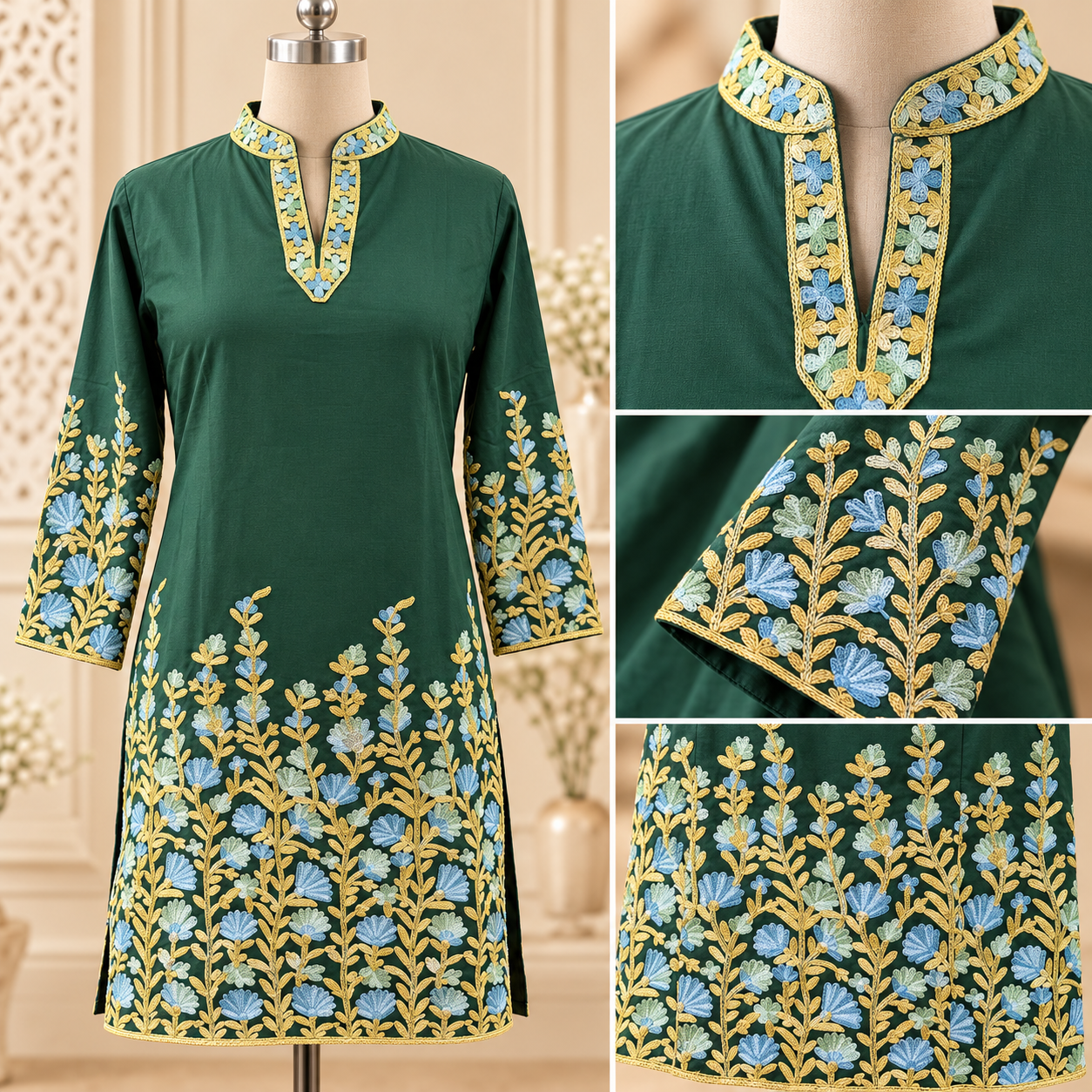 Emerald Green Embroidered Rayon Short Top with Collar