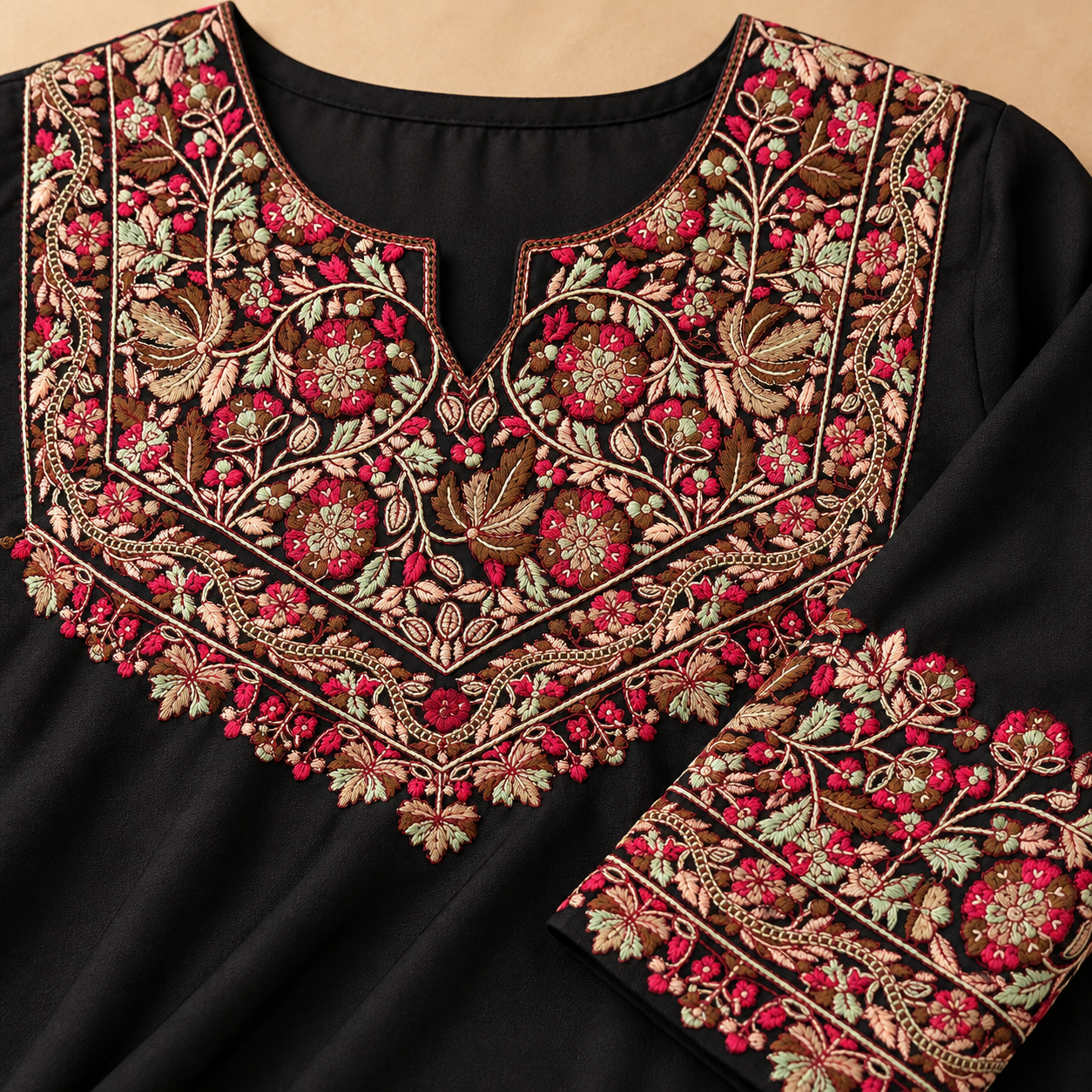 Black Multicolour Paper Mache Embroidered Short Kurti