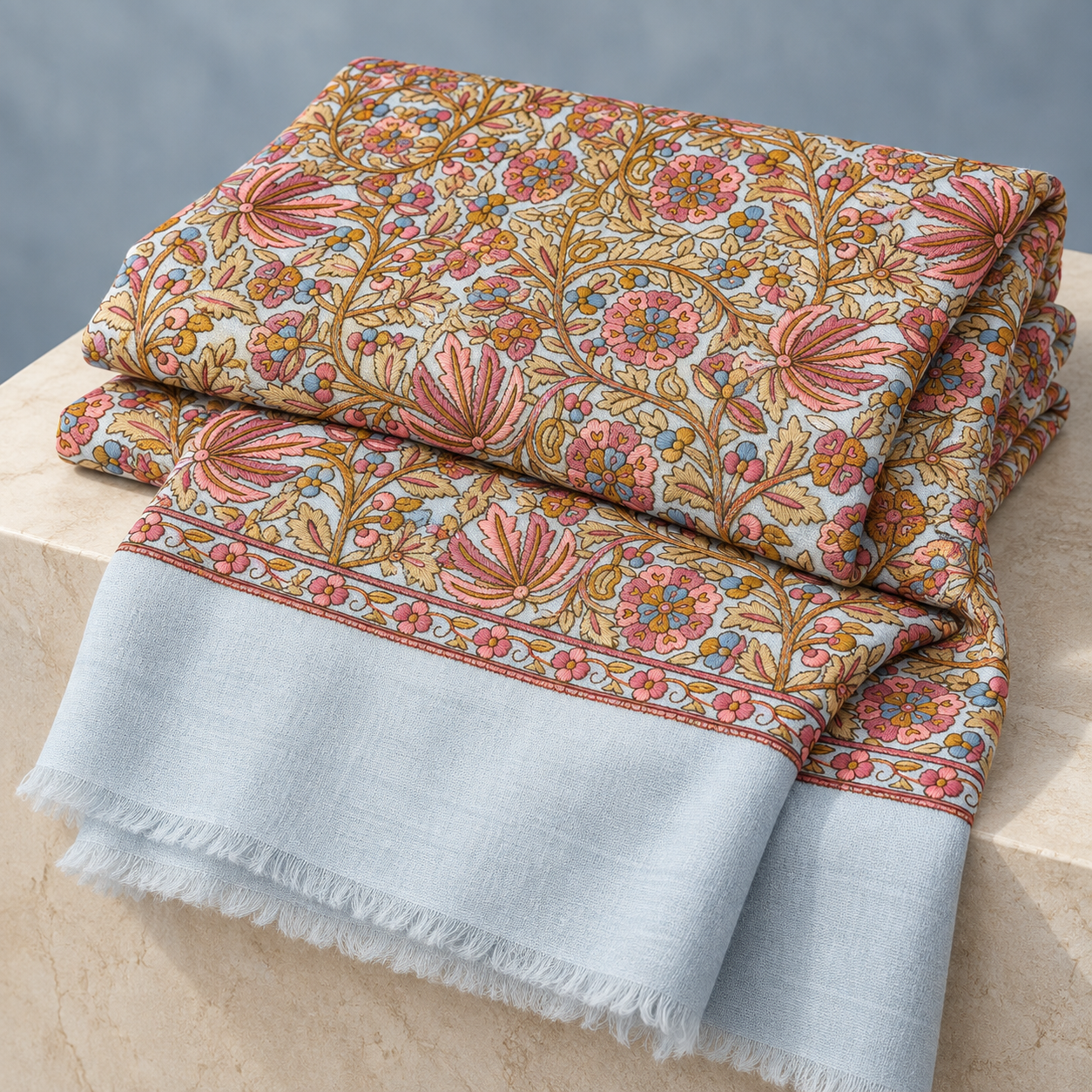 Sky Blue Floral Sozni Jamawar Fine Wool Shawl