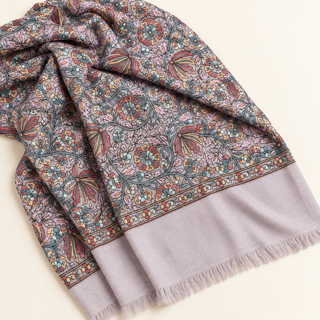 Lavender Floral Sozni Jamawar Fine Wool Shawl