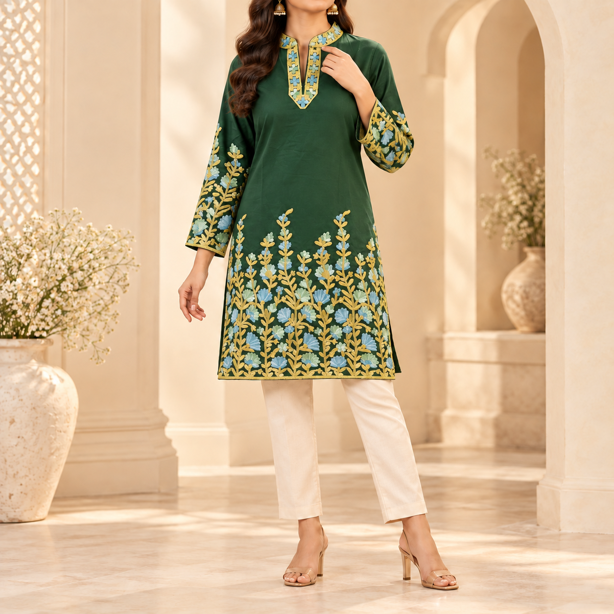 Emerald Green Embroidered Rayon Short Top with Collar
