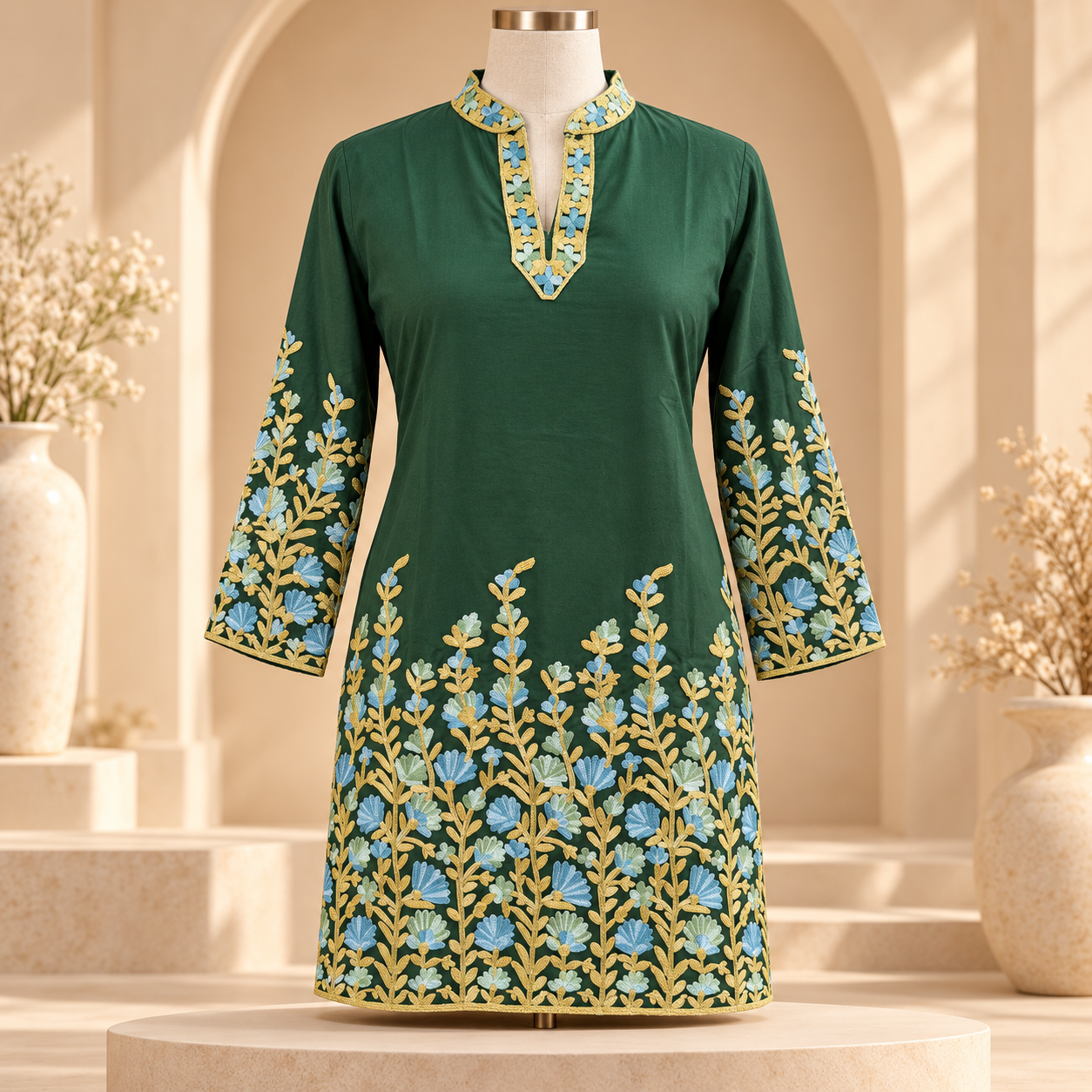 Emerald Green Embroidered Rayon Short Top with Collar