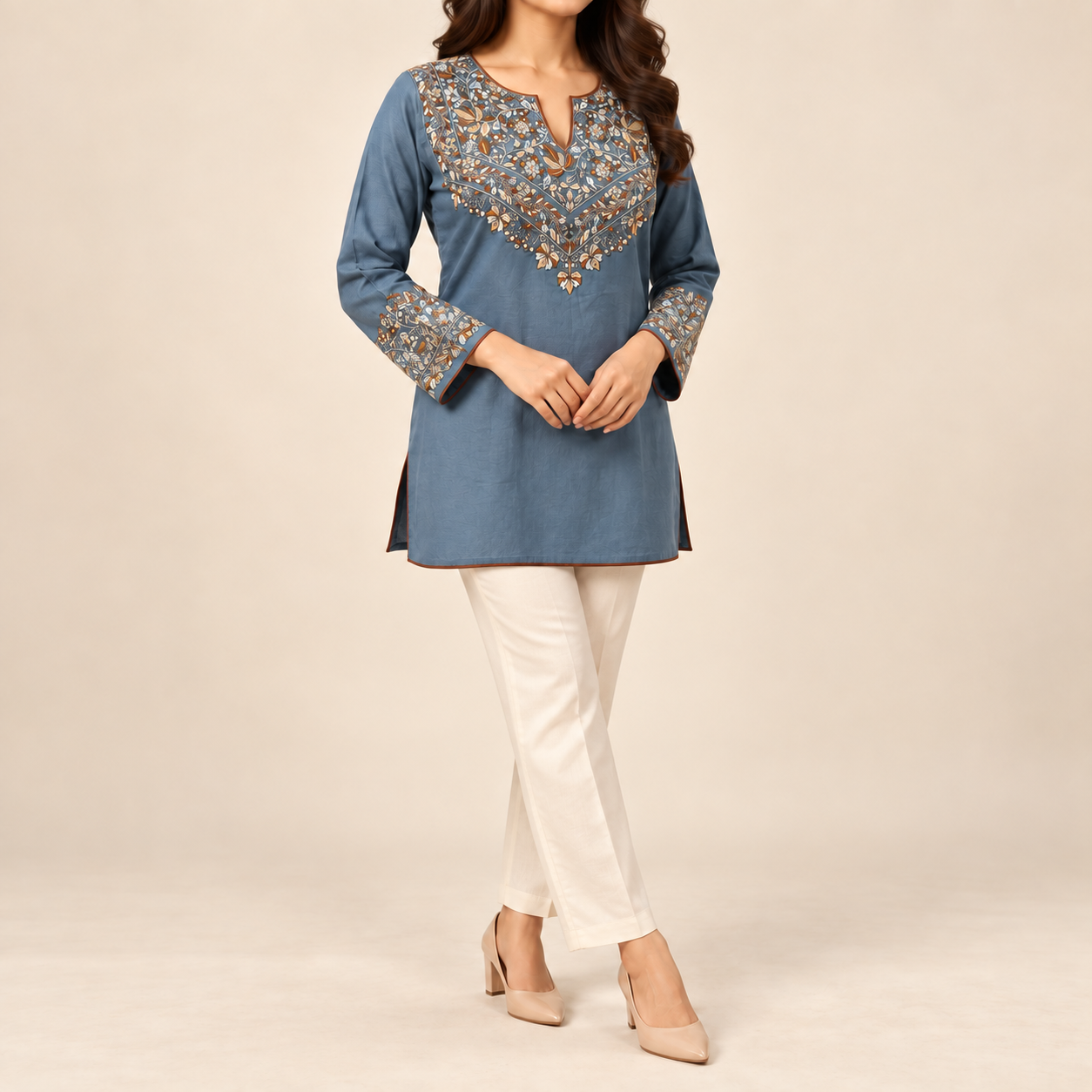 Light Blue Paper Mache Embroidered Short Kurti