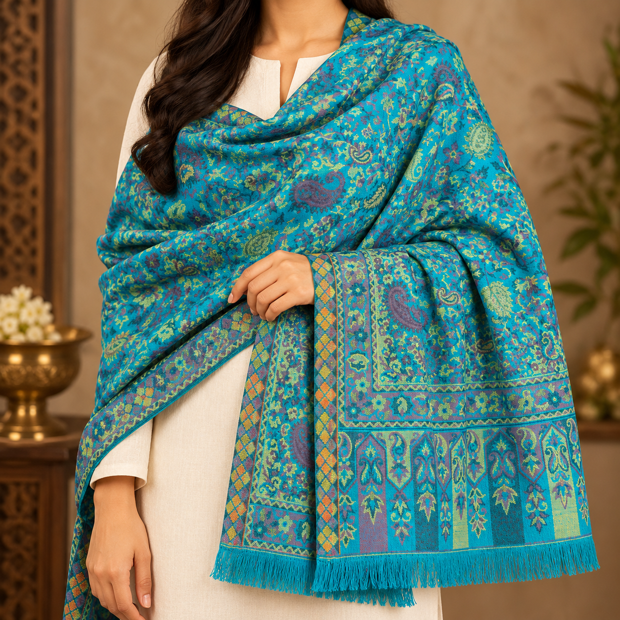 Turquoise Blue Floral Paisley Kani Shawl