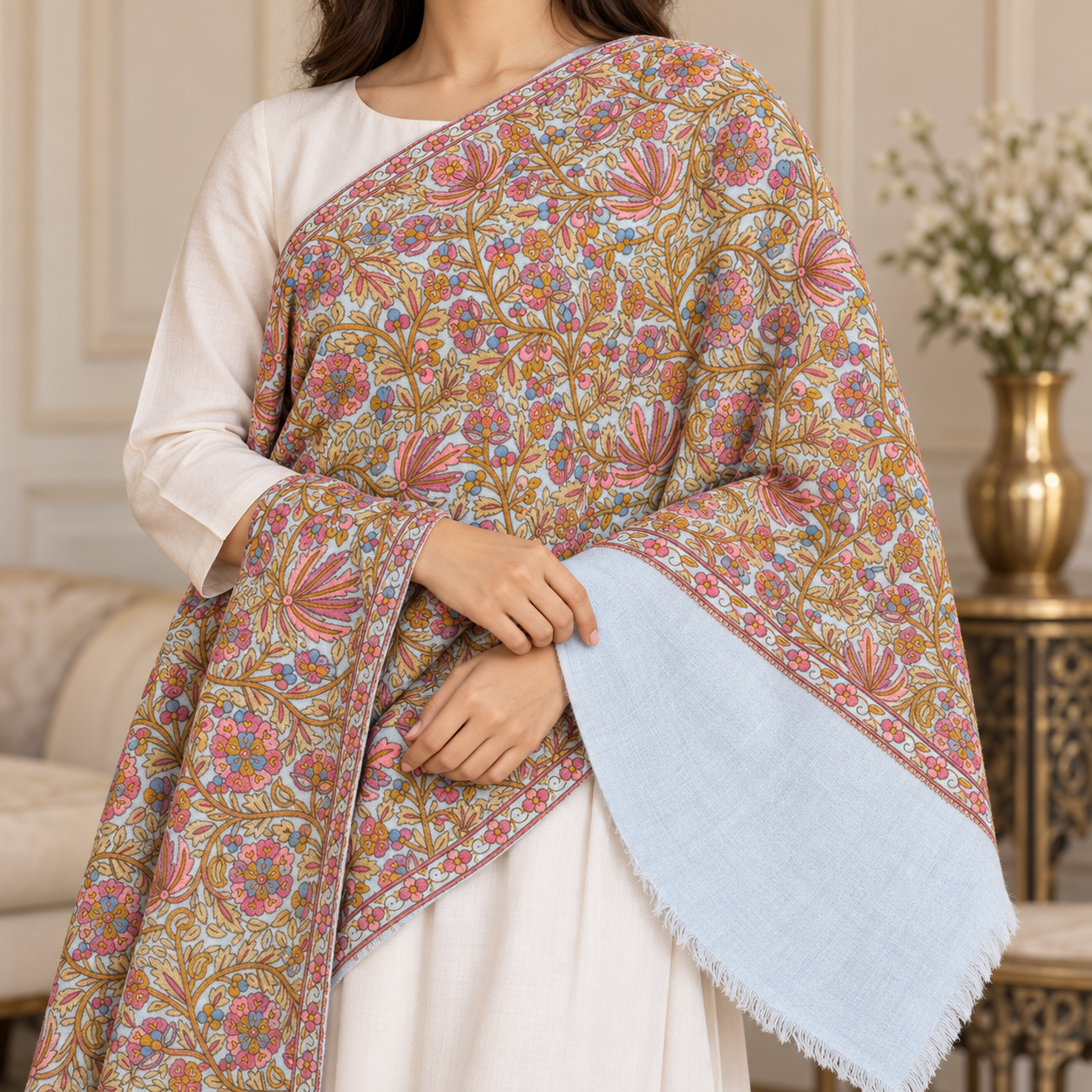 Sky Blue Floral Sozni Jamawar Fine Wool Shawl