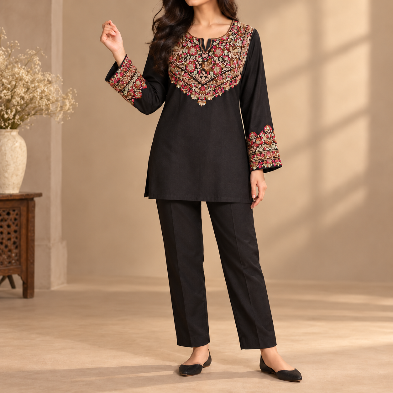 Black Multicolour Paper Mache Embroidered Short Kurti