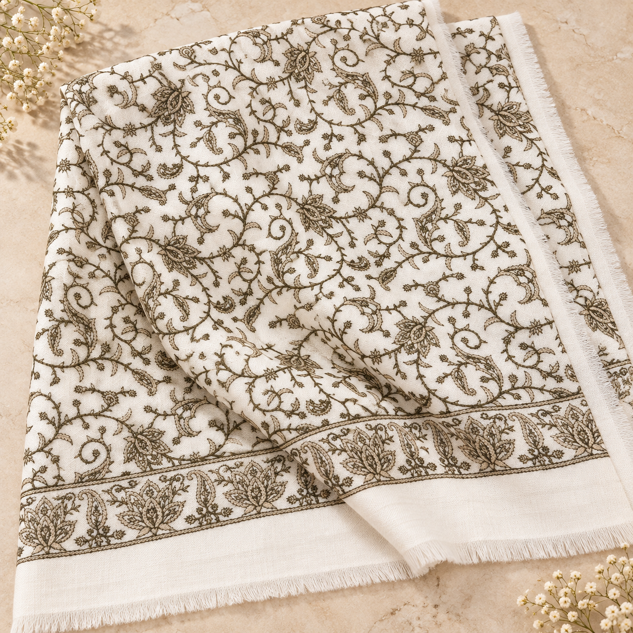 Ivory Floral Vine Machine Sozni Fine Wool Shawl