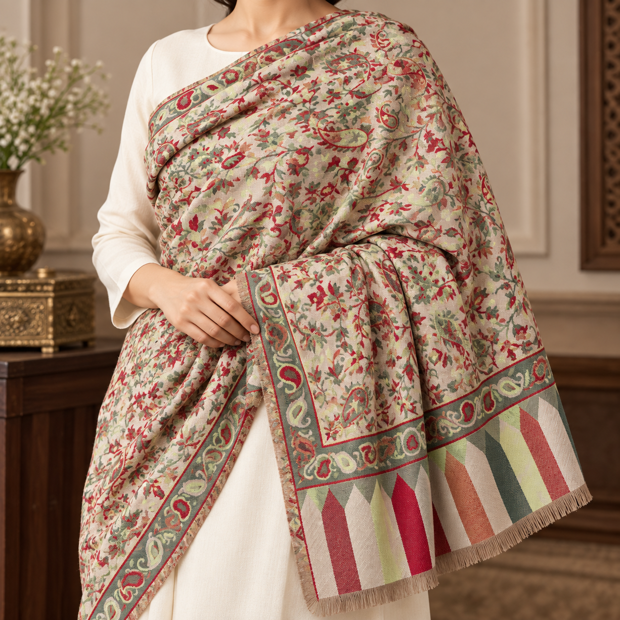 Cream Floral Paisley Kani Shawl