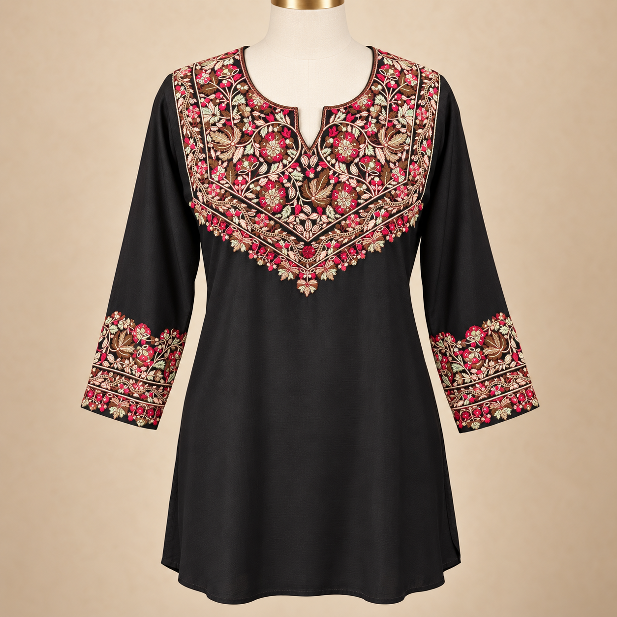 Black Multicolour Paper Mache Embroidered Short Kurti