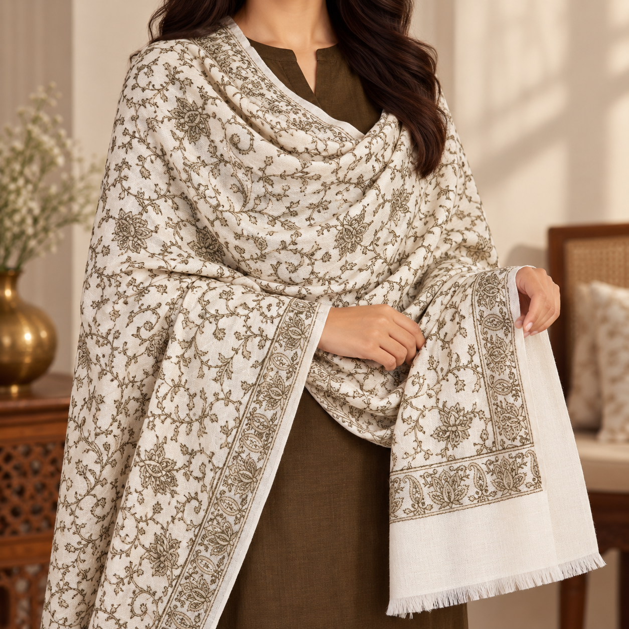 Ivory Floral Vine Machine Sozni Fine Wool Shawl