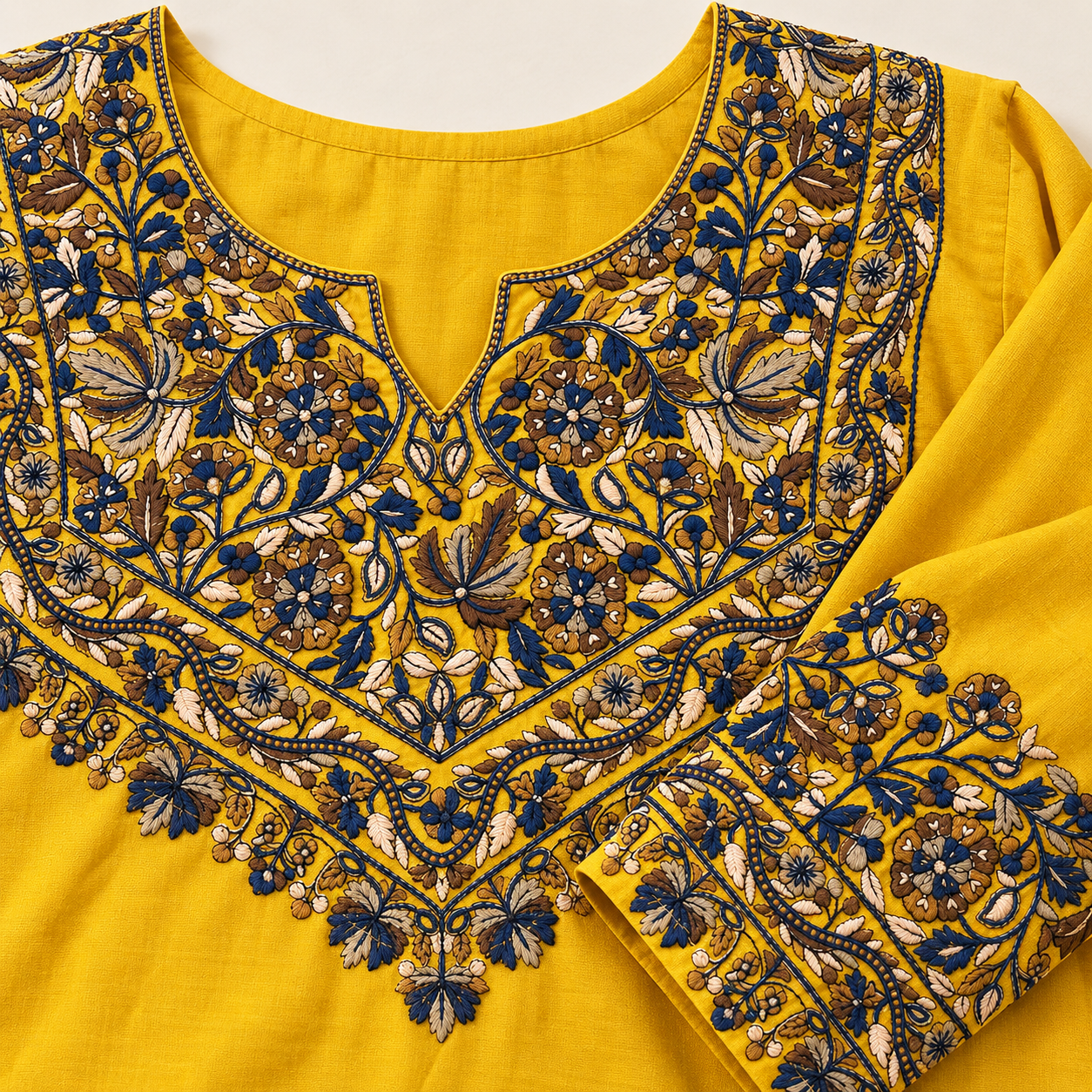 Mustard Yellow Paper Mache Embroidered Short Kurti