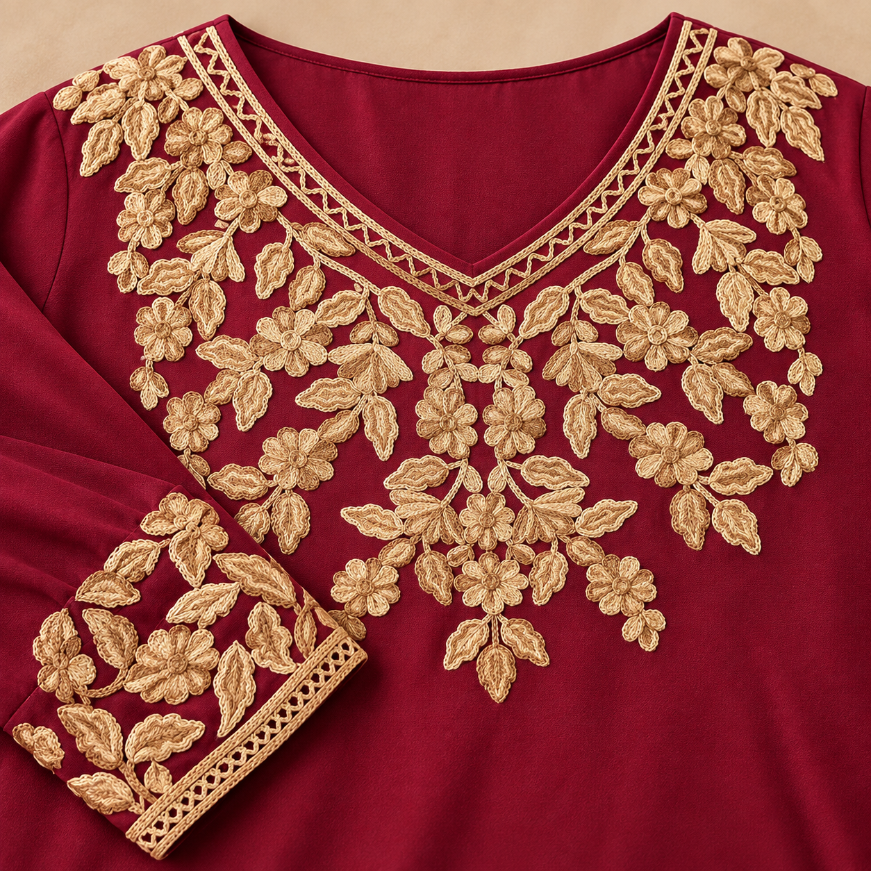 Maroon & Gold Embroidered Rayon Short Top with Slit Sleeves