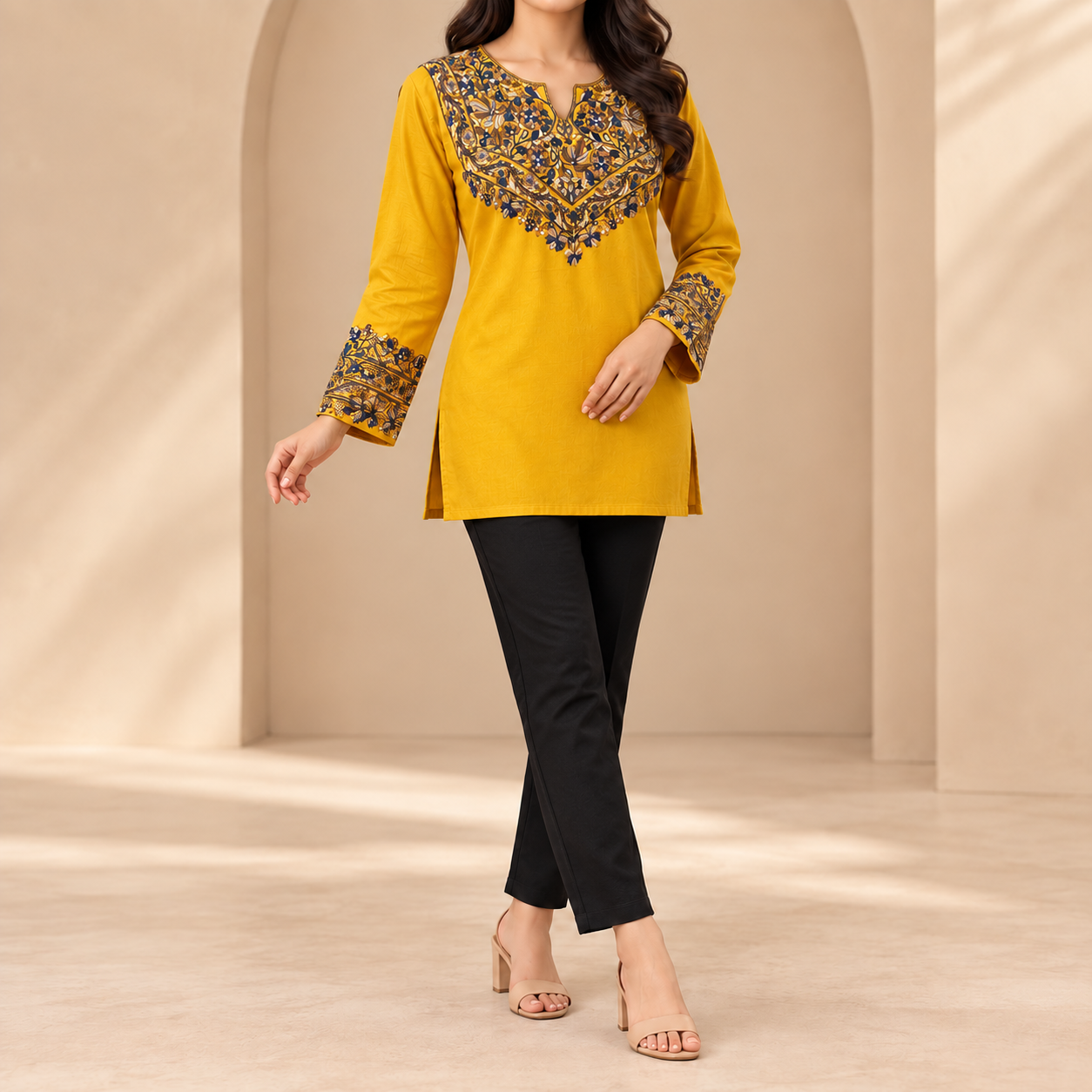 Mustard Yellow Paper Mache Embroidered Short Kurti