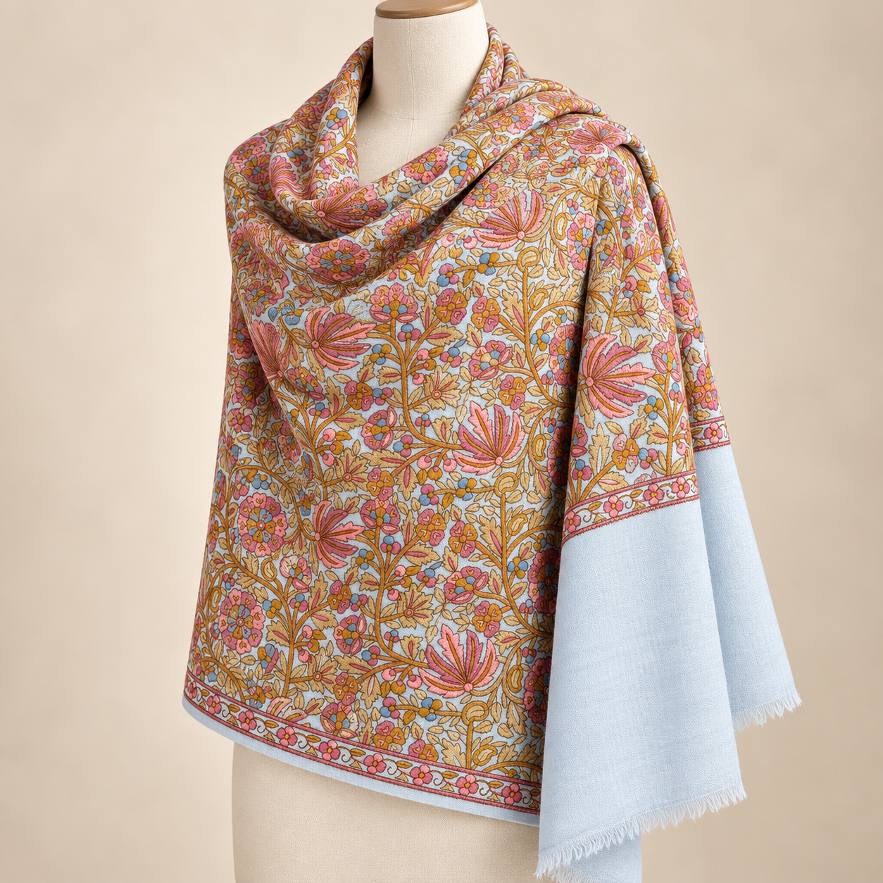 Sky Blue Floral Sozni Jamawar Fine Wool Shawl