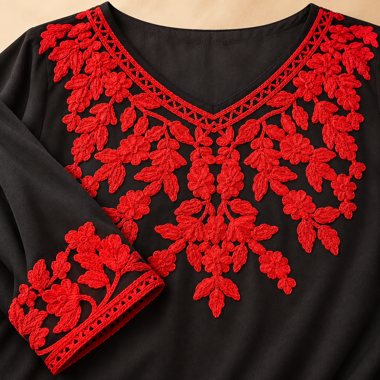 Black & Red Embroidered Rayon Short Top with Slit Sleeves