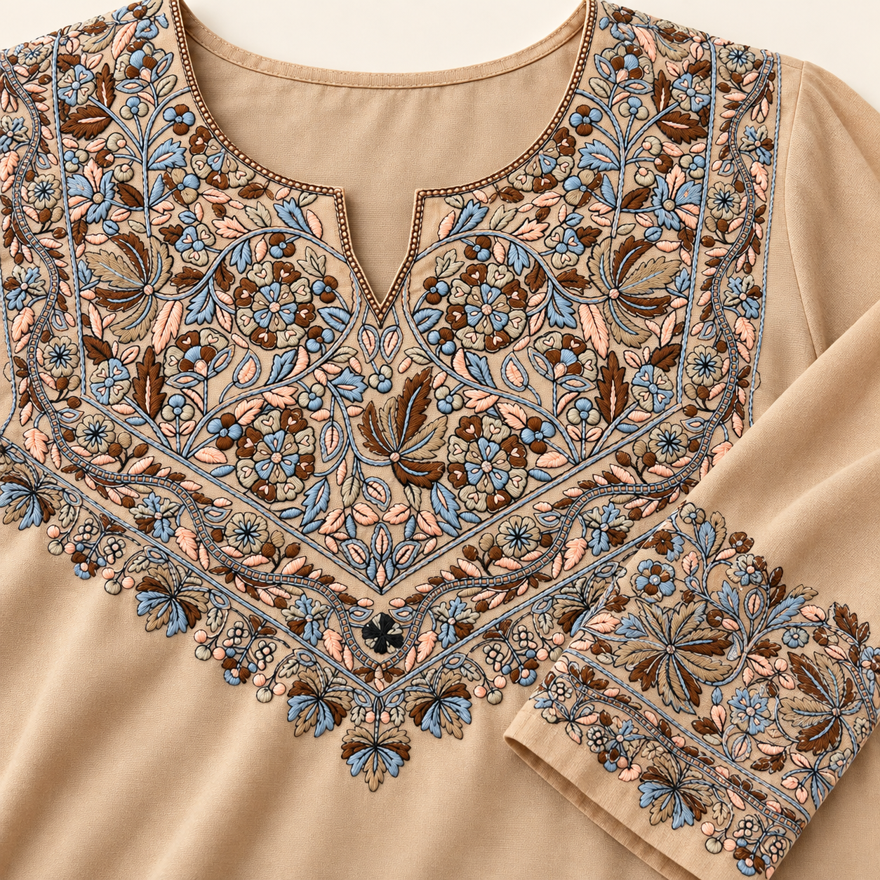 Light Brown Paper Mache Embroidered Short Kurti