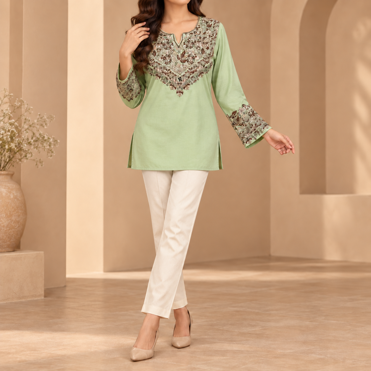 Sage Green Paper Mache Embroidered Short Kurti