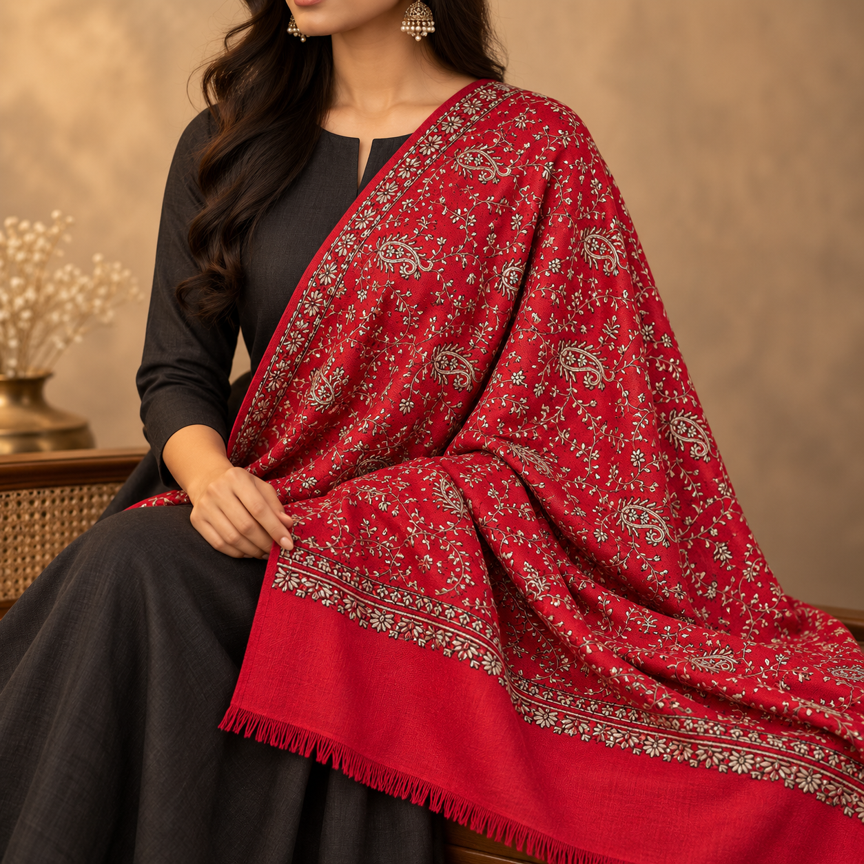 Crimson Red Paisley Machine Sozni Fine Wool Shawl