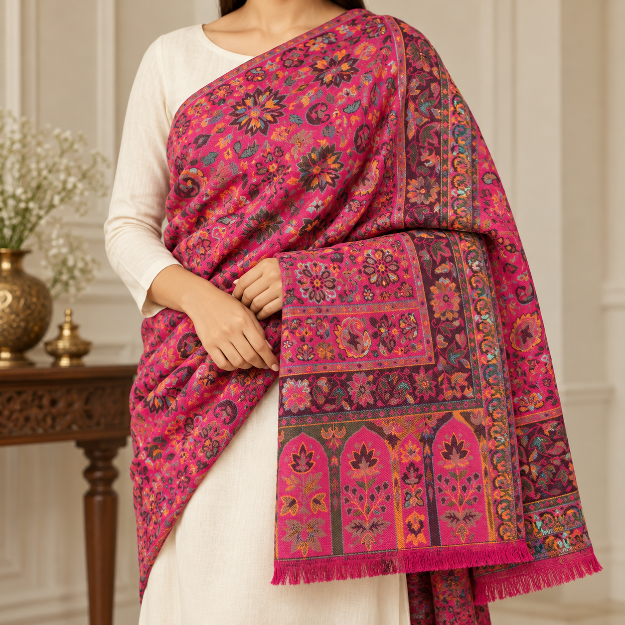Fuchsia Pink Multicolour Floral Kani Shawl