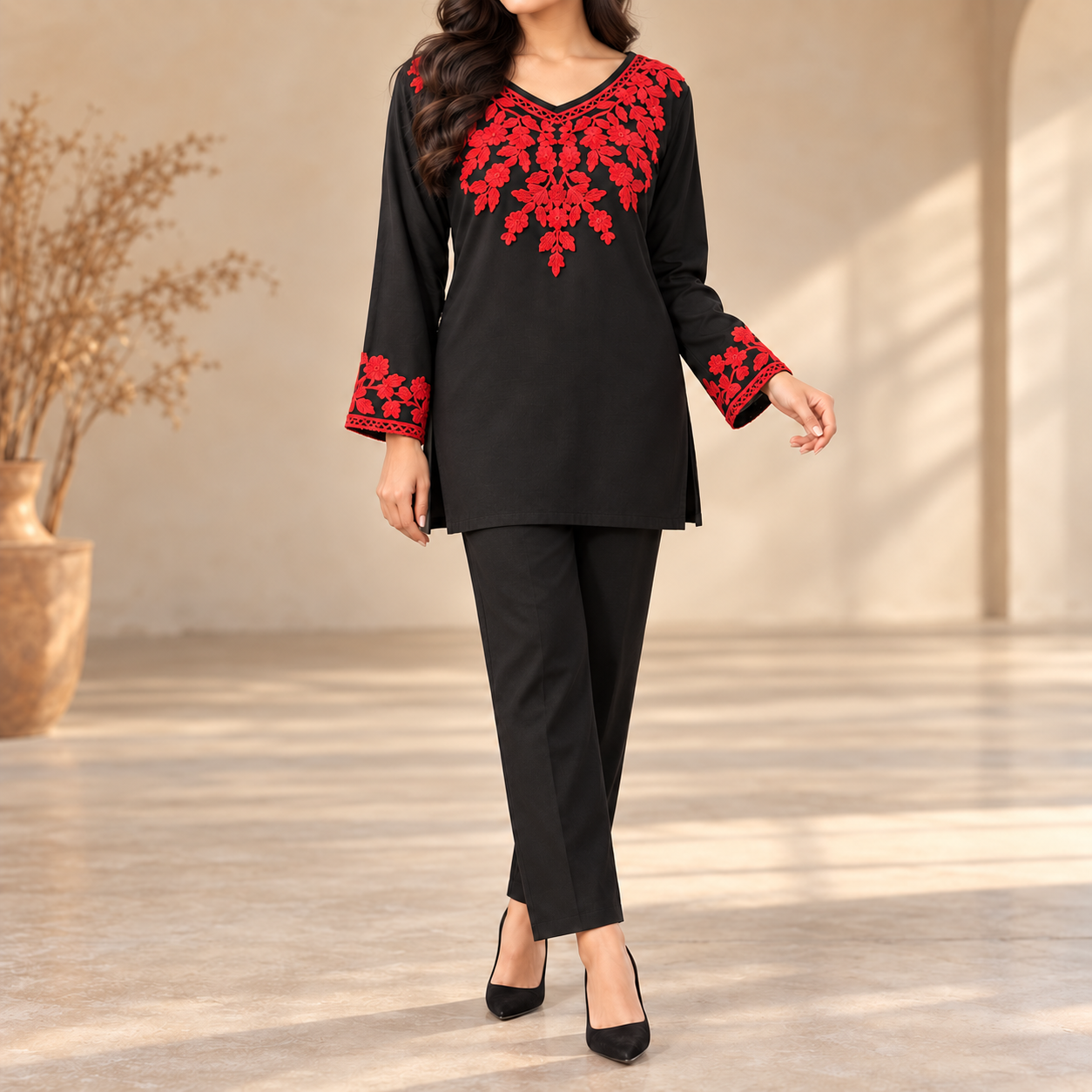 Black & Red Embroidered Rayon Short Top with Slit Sleeves