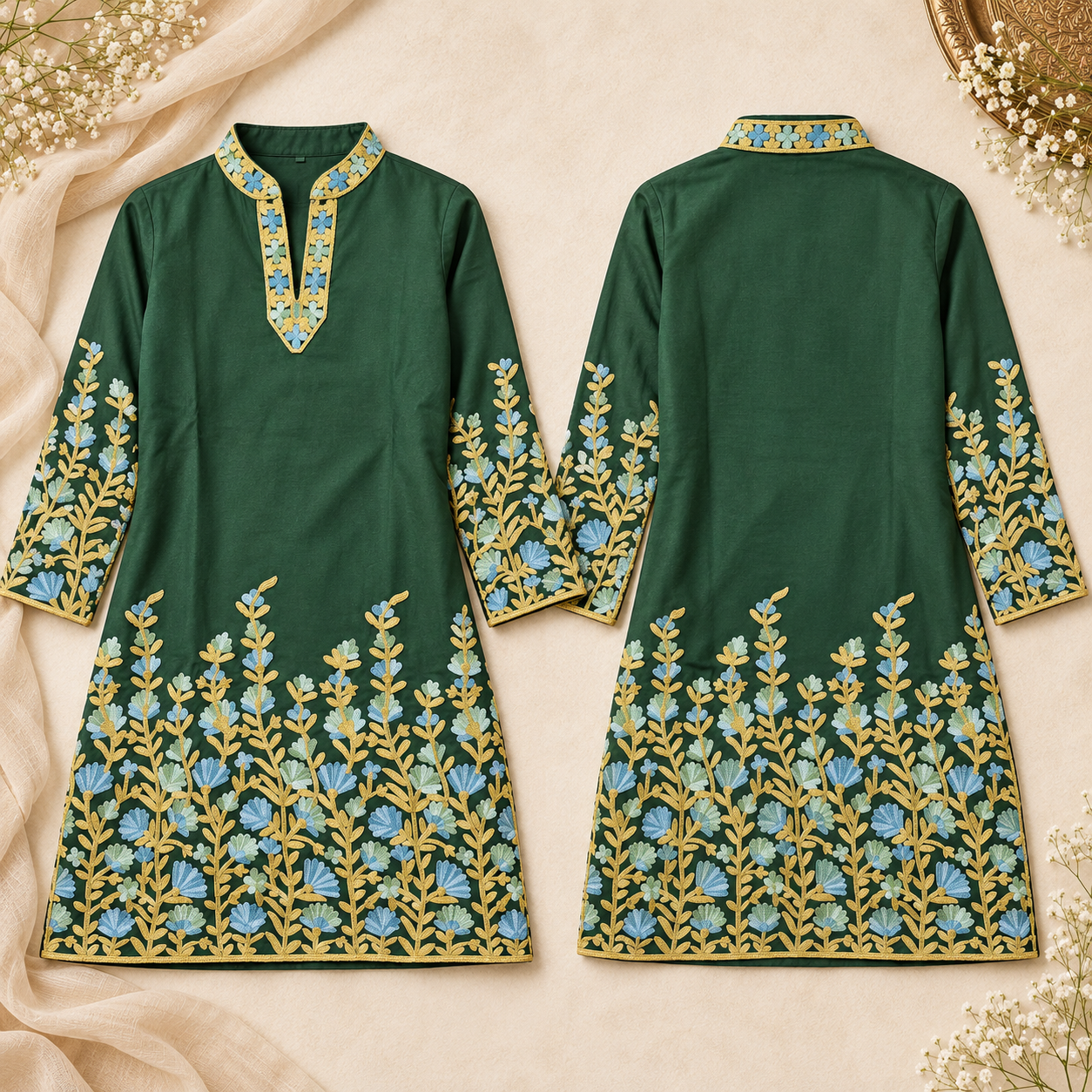 Emerald Green Embroidered Rayon Short Top with Collar