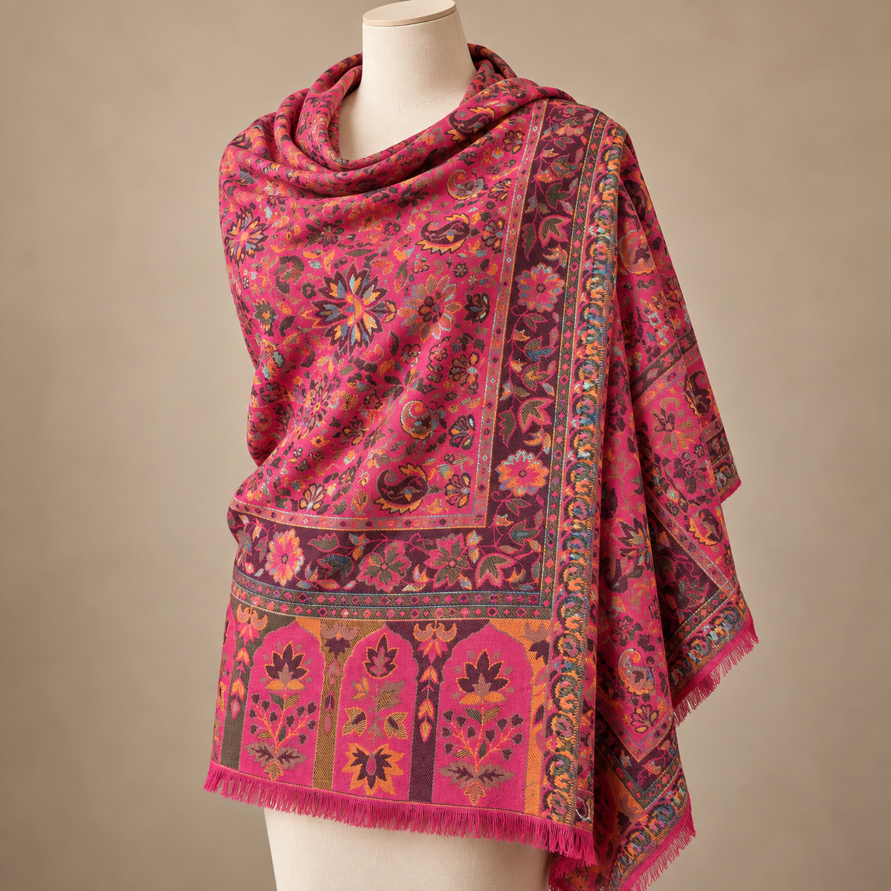 Fuchsia Pink Multicolour Floral Kani Shawl