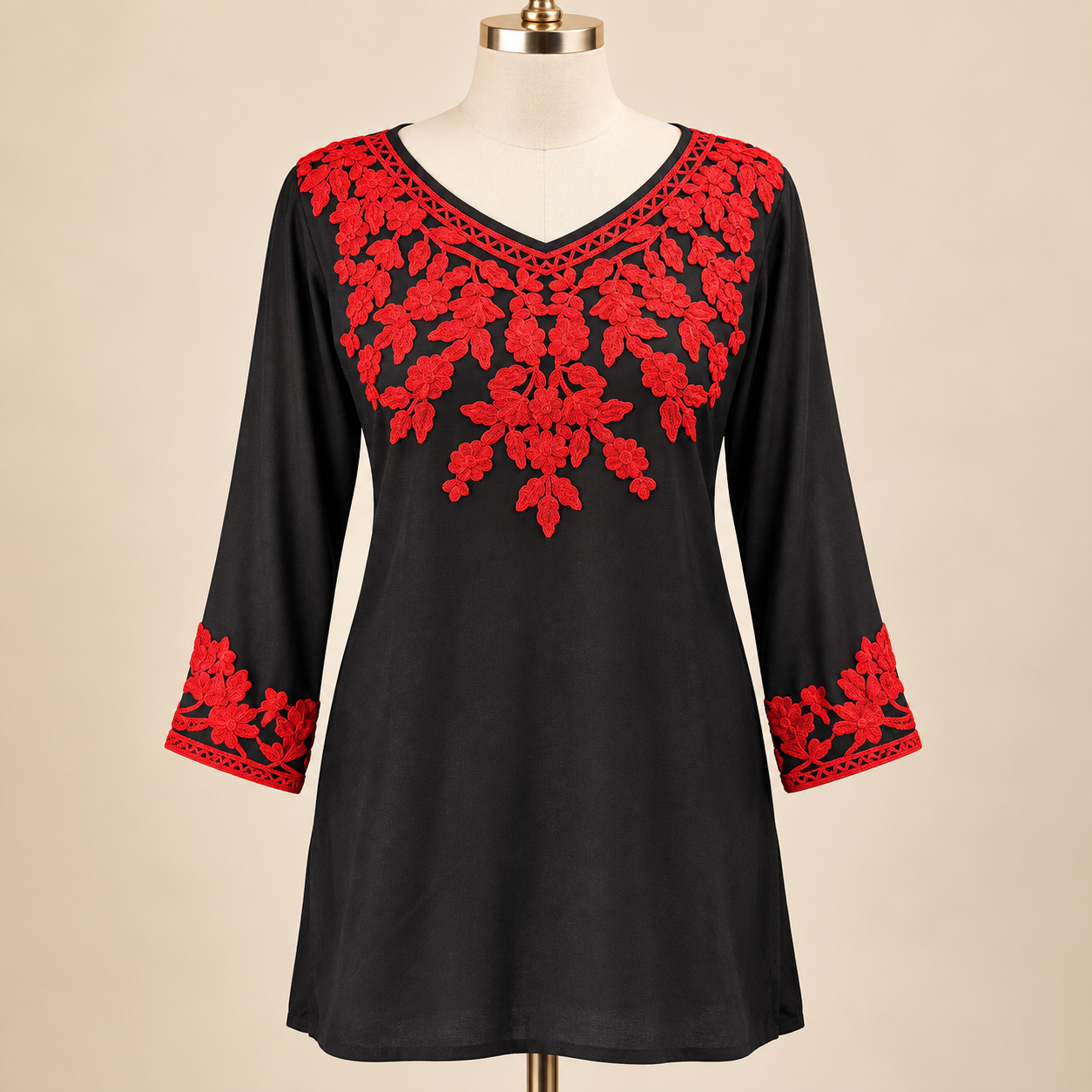 Black & Red Embroidered Rayon Short Top with Slit Sleeves