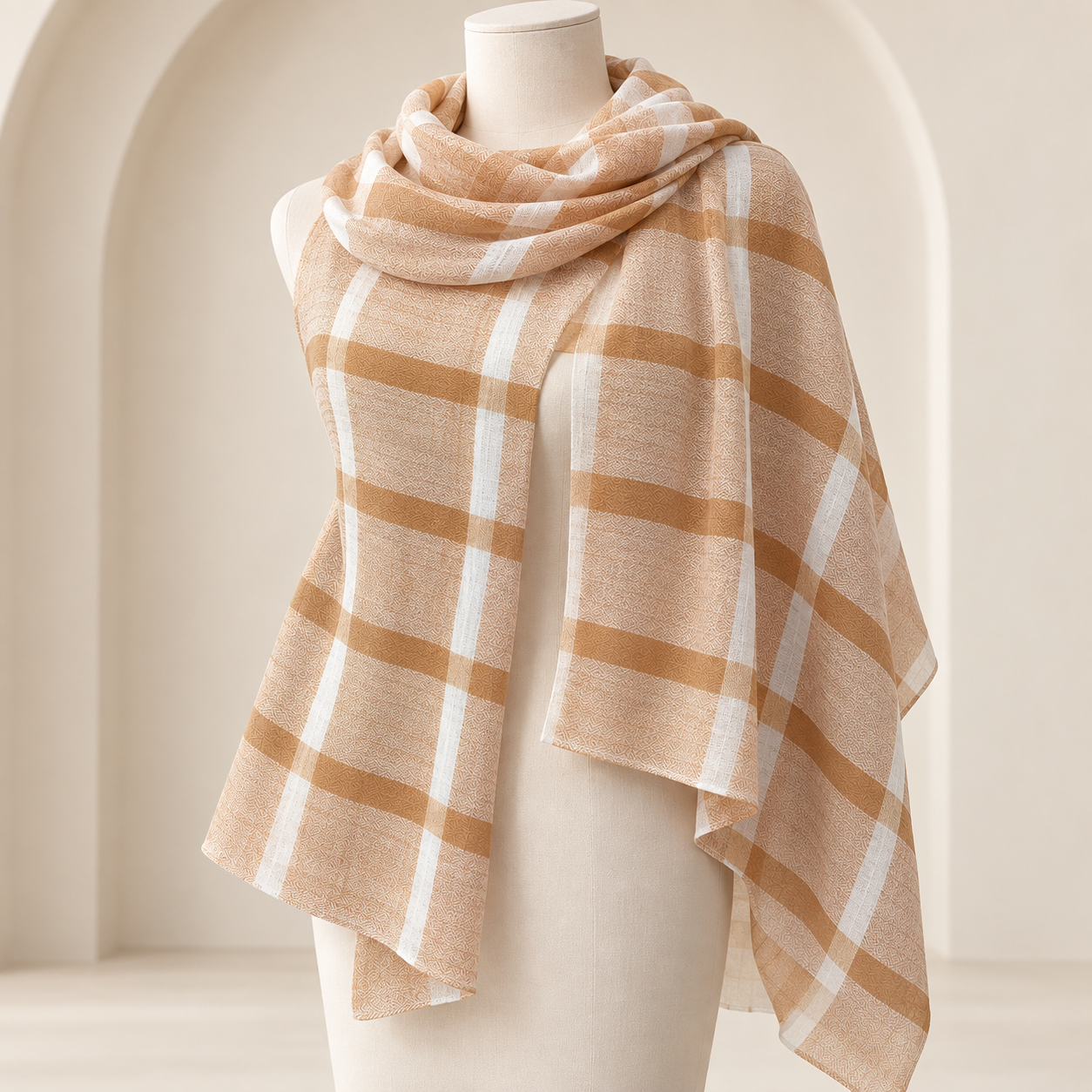 Beige & Ivory Check Fine Wool Shawl