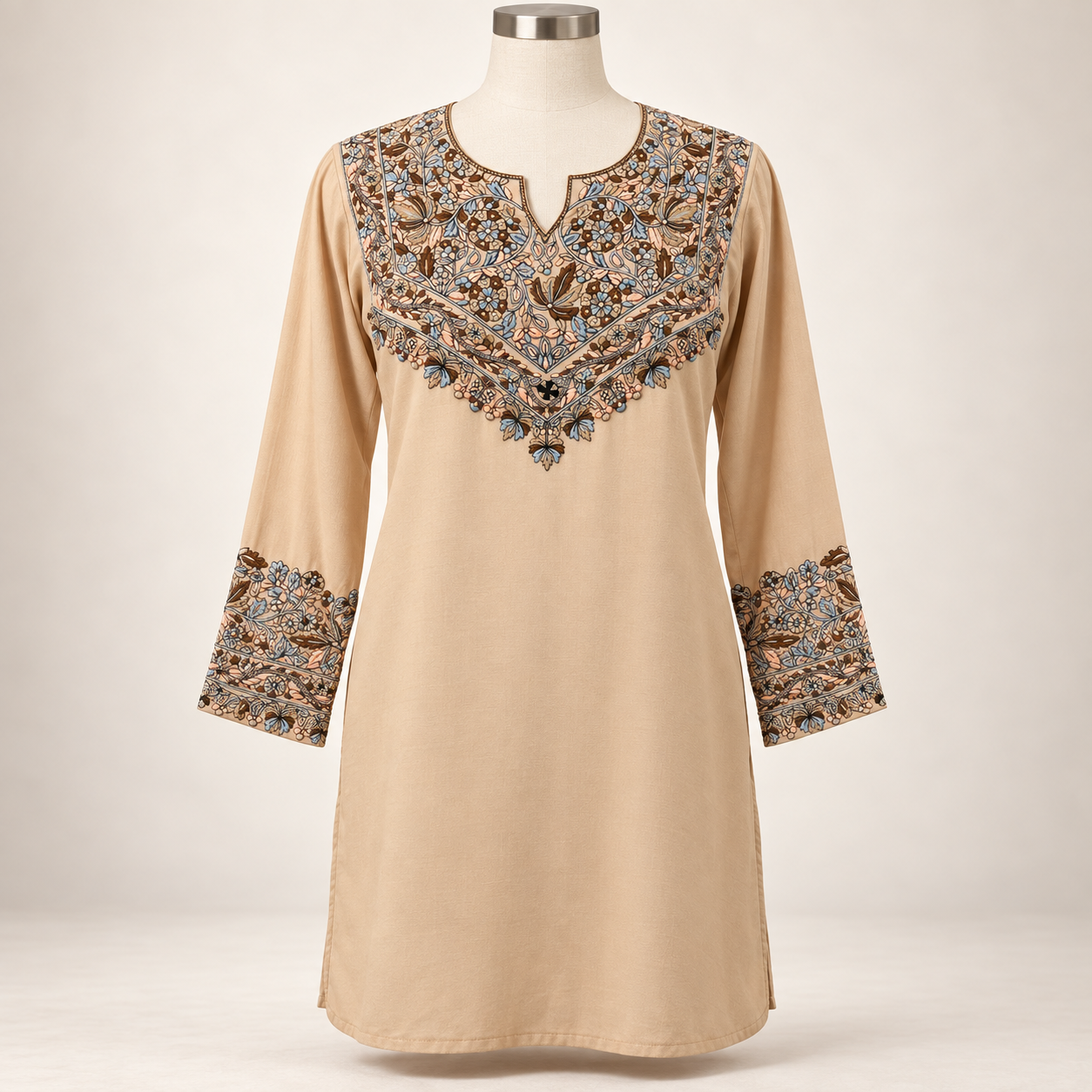 Light Brown Paper Mache Embroidered Short Kurti