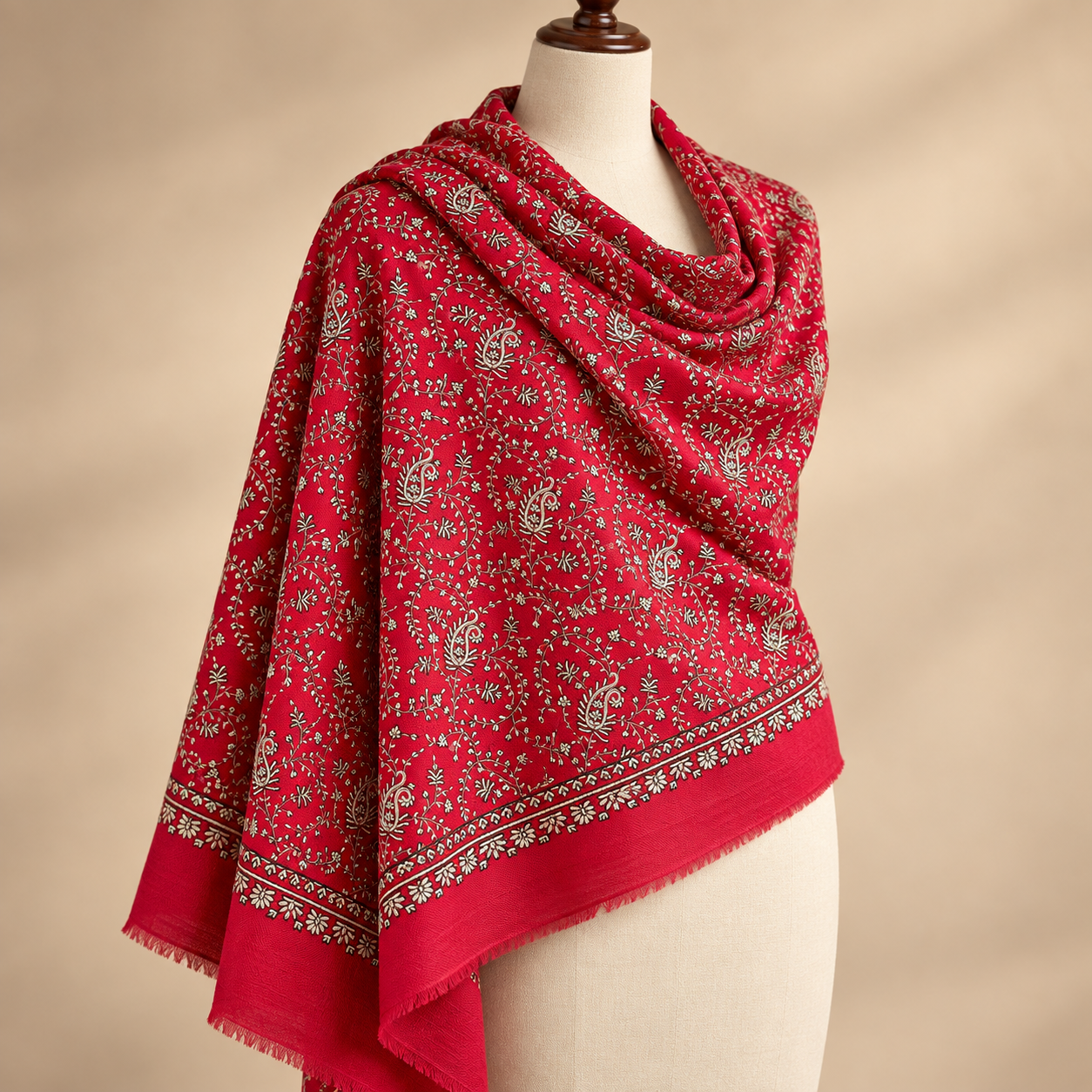 Crimson Red Paisley Machine Sozni Fine Wool Shawl