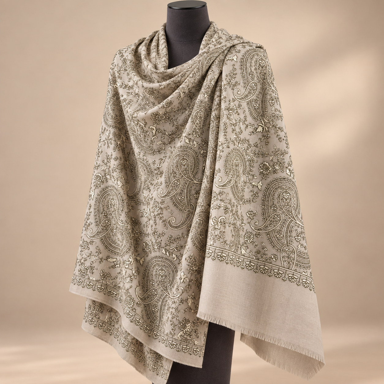 Taupe Paisley Machine Sozni Fine Wool Shawl