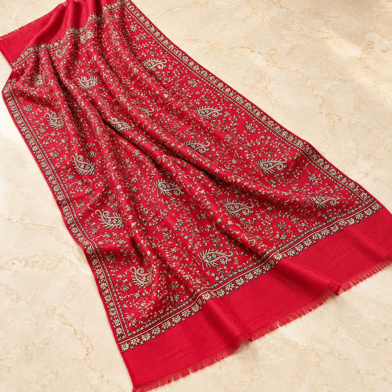 Crimson Red Paisley Machine Sozni Fine Wool Shawl