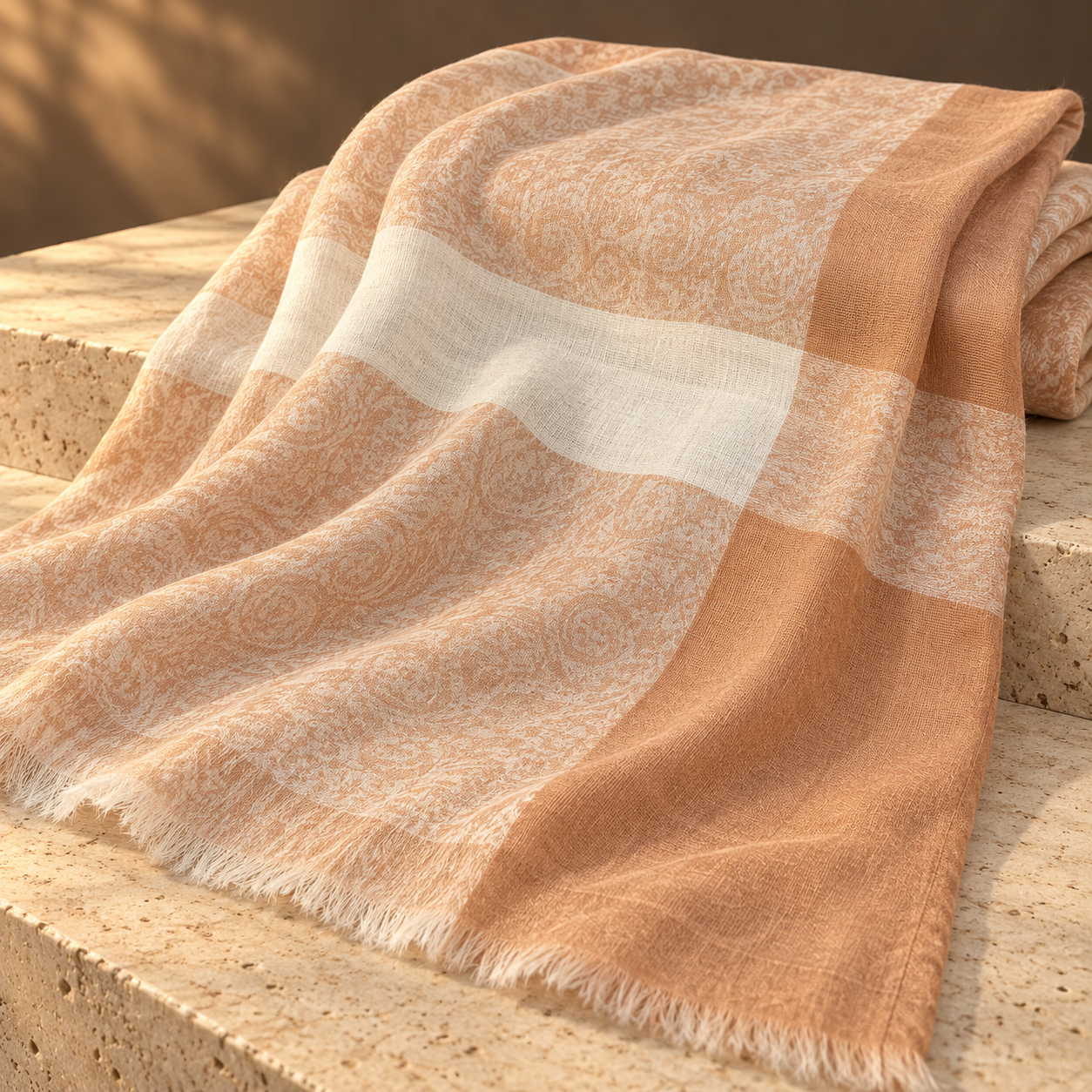 Peach & Ivory Paisley Fine Wool Shawl