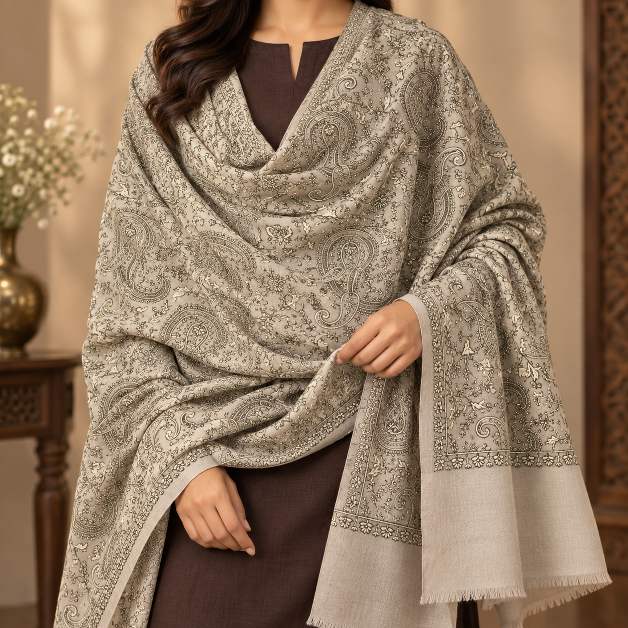 Taupe Paisley Machine Sozni Fine Wool Shawl