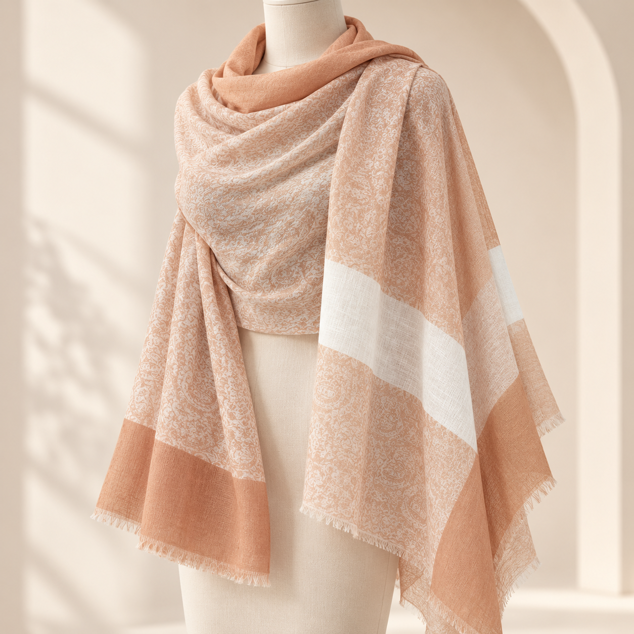 Peach & Ivory Paisley Fine Wool Shawl