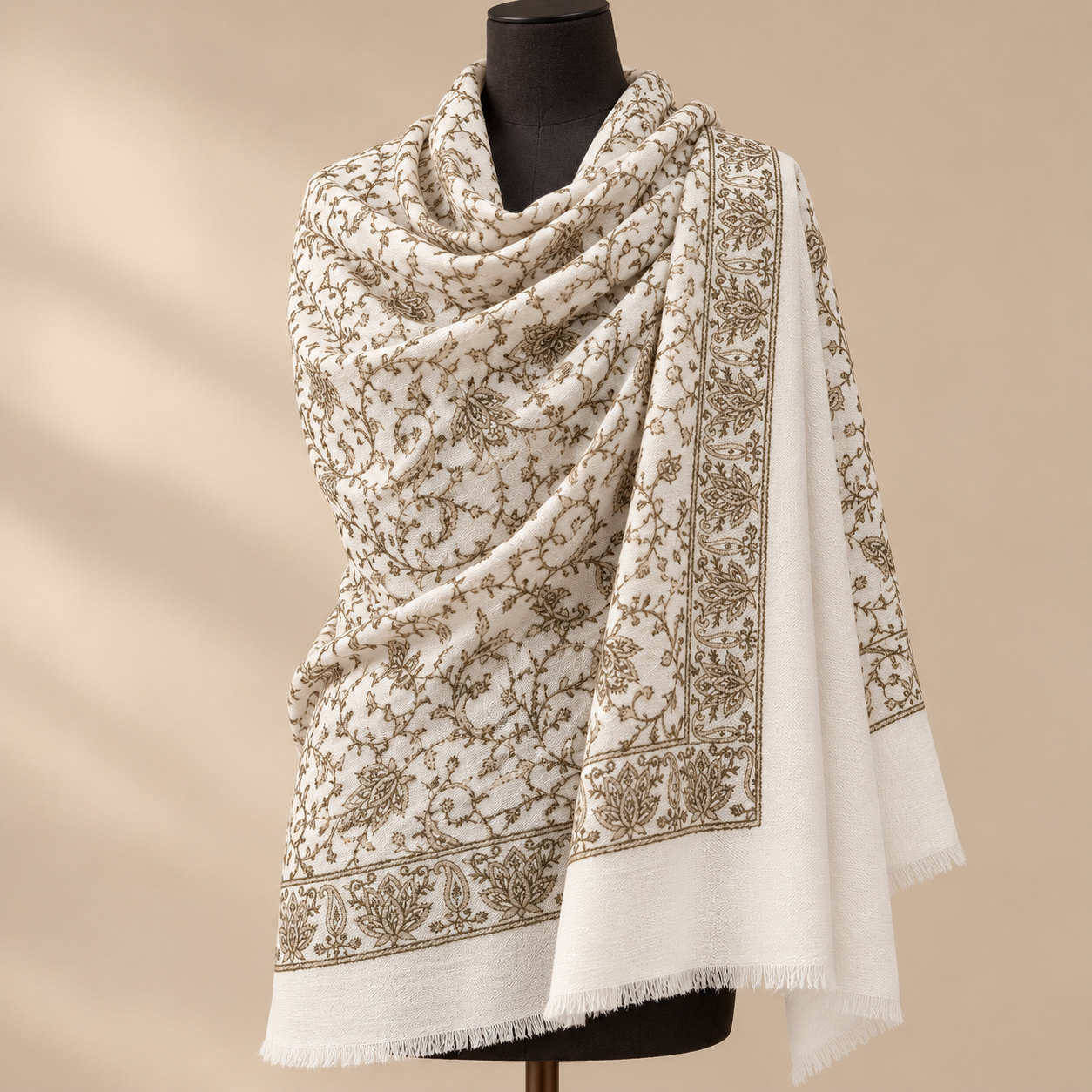 Ivory Floral Vine Machine Sozni Fine Wool Shawl