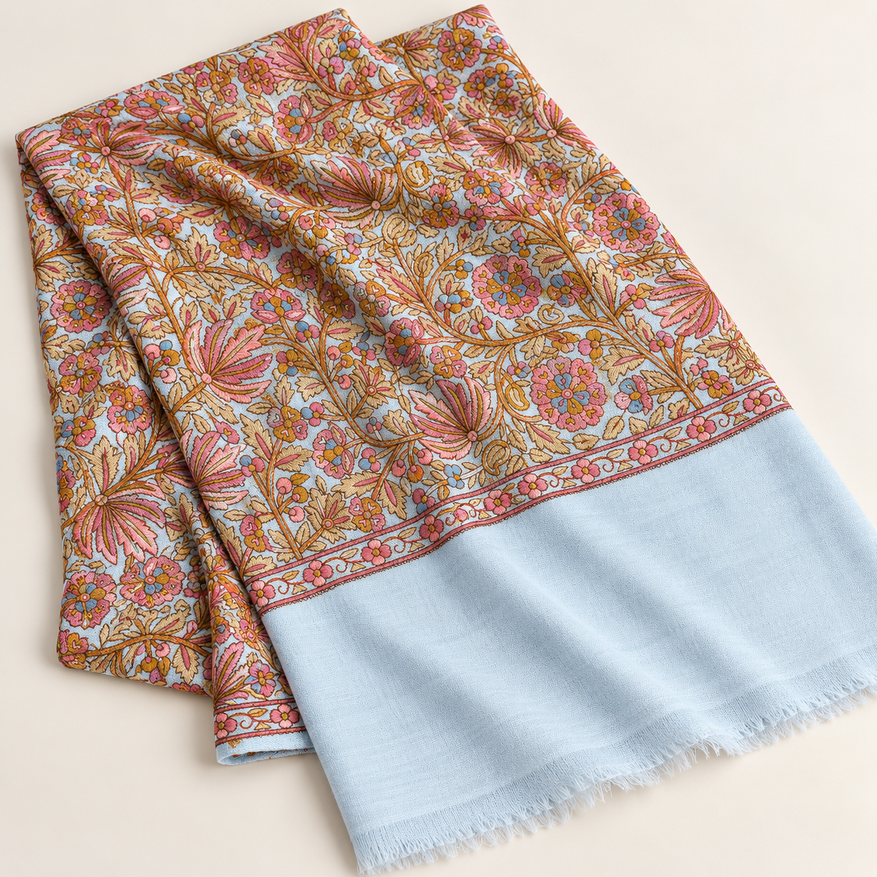Sky Blue Floral Sozni Jamawar Fine Wool Shawl