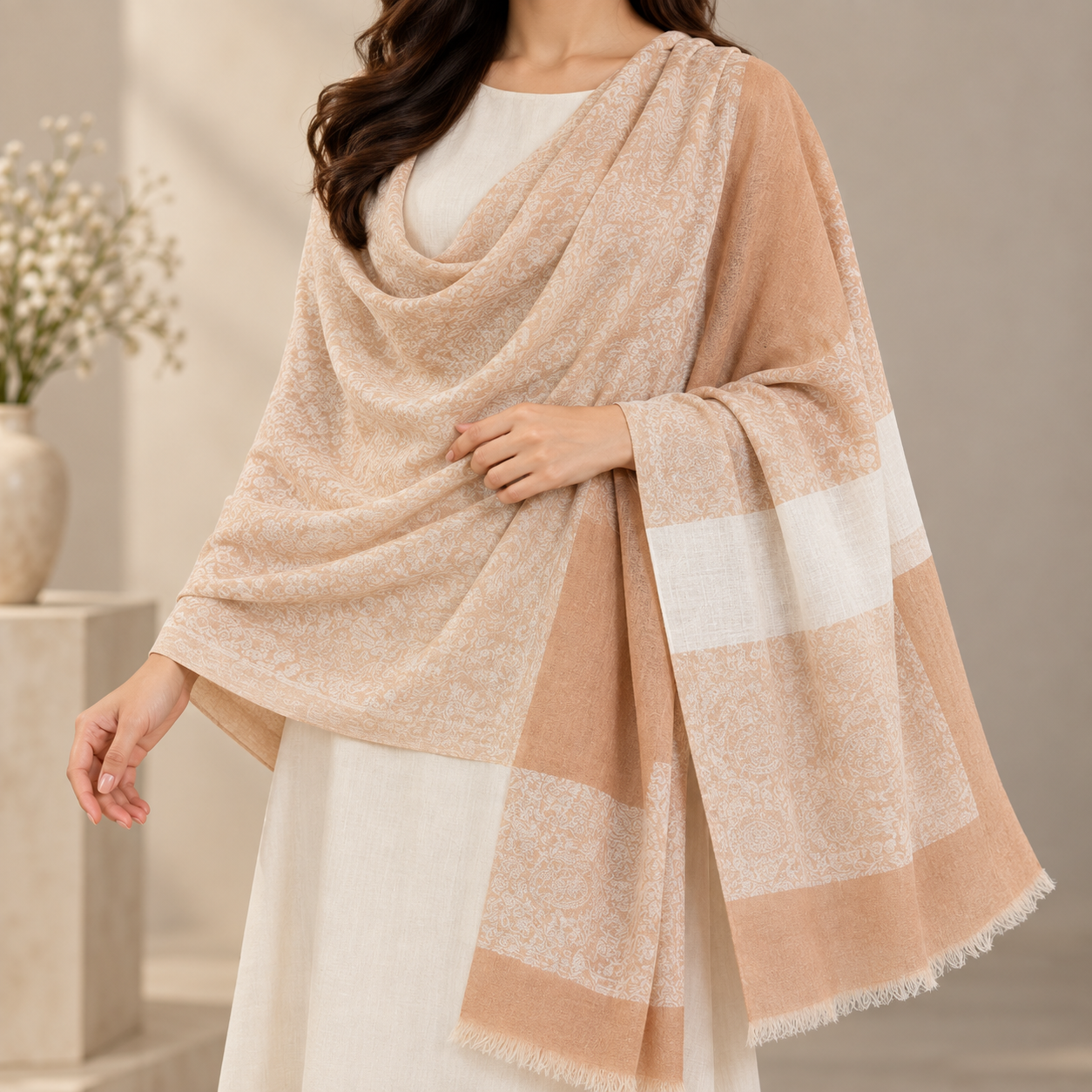 Peach & Ivory Paisley Fine Wool Shawl
