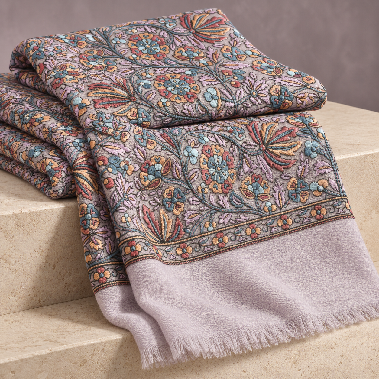 Lavender Floral Sozni Jamawar Fine Wool Shawl