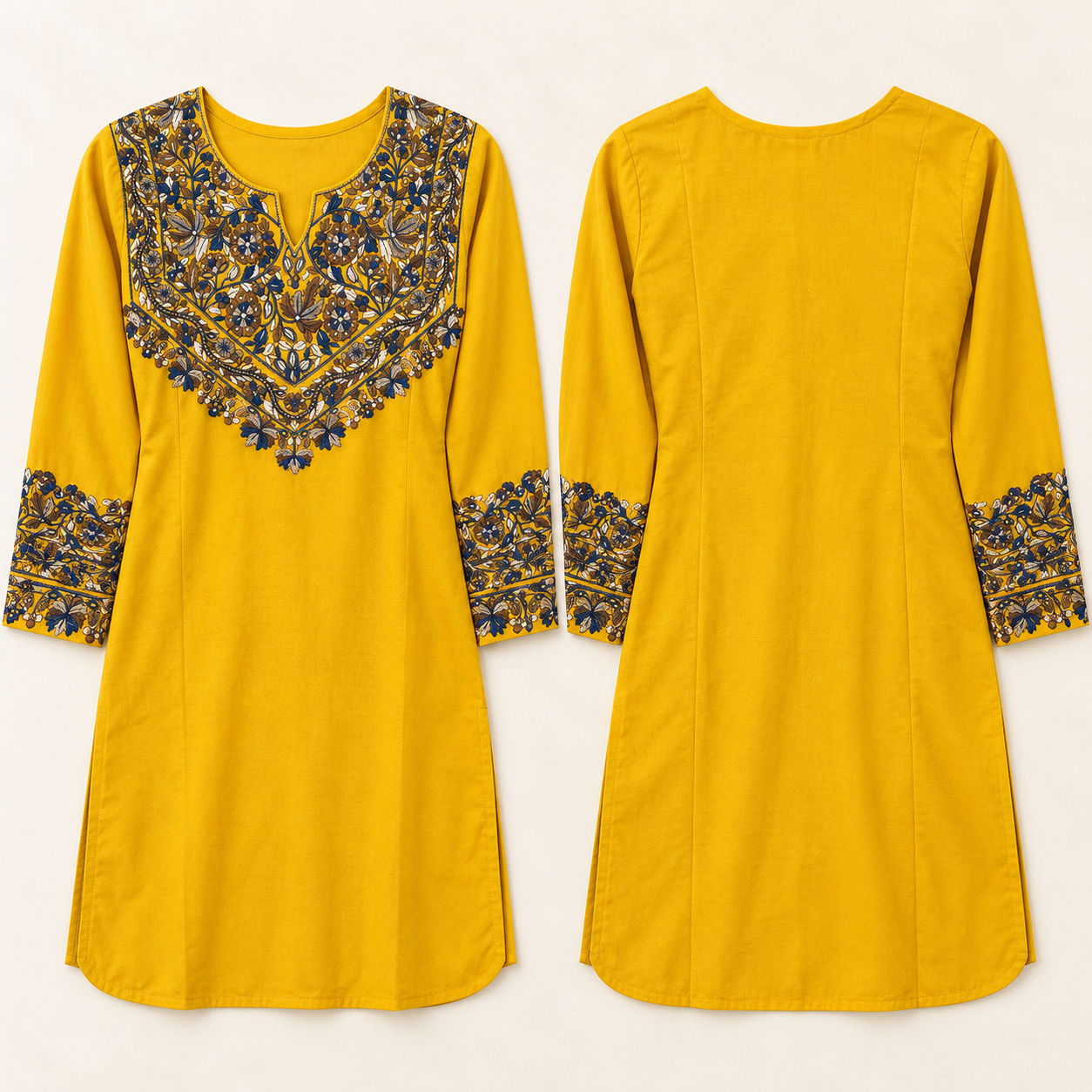 Mustard Yellow Paper Mache Embroidered Short Kurti