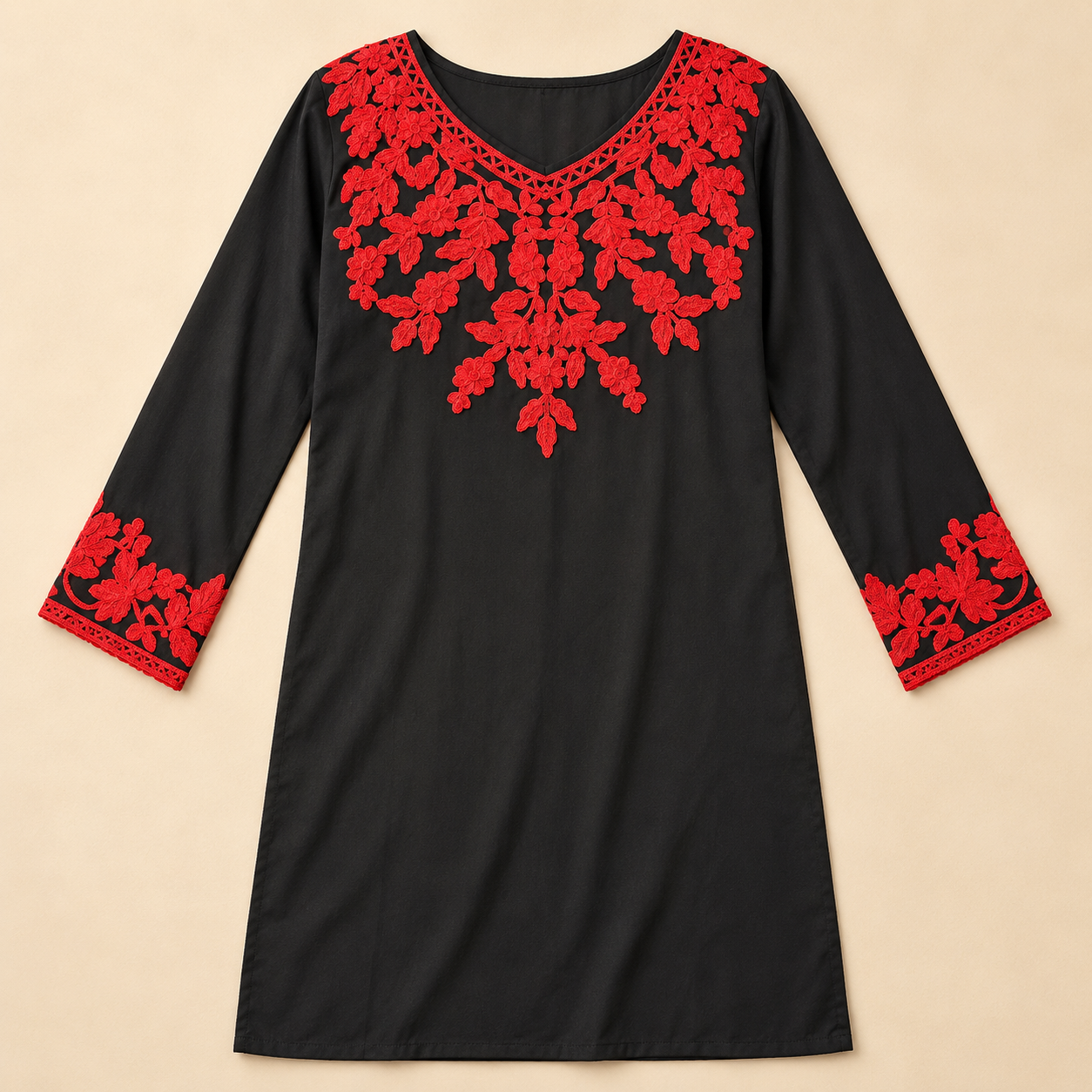 Black & Red Embroidered Rayon Short Top with Slit Sleeves
