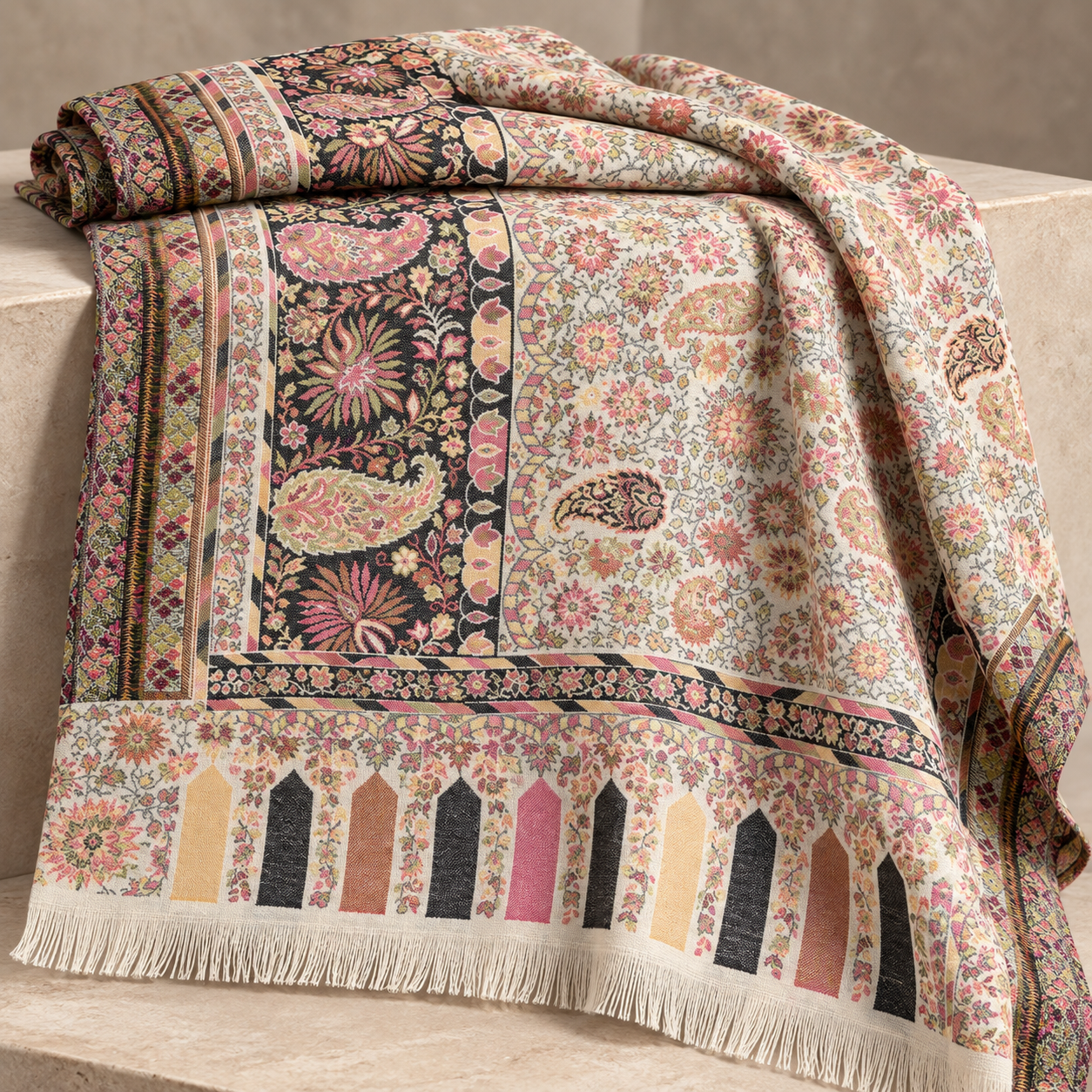 Ivory Multicolour Floral Kani Shawl