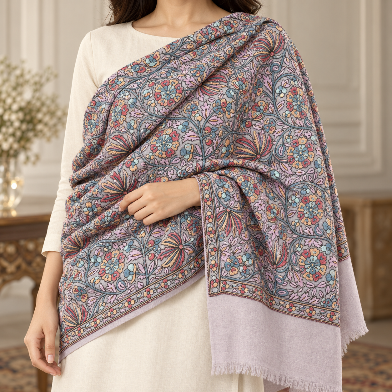 Lavender Floral Sozni Jamawar Fine Wool Shawl