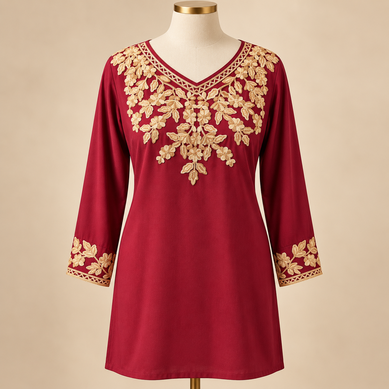 Maroon & Gold Embroidered Rayon Short Top with Slit Sleeves