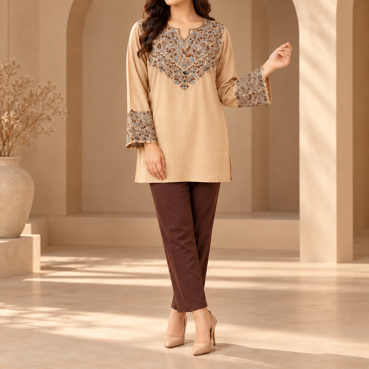 Light Brown Paper Mache Embroidered Short Kurti