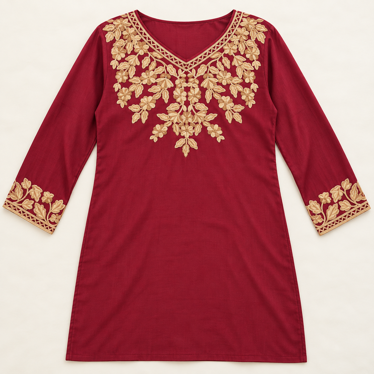 Maroon & Gold Embroidered Rayon Short Top with Slit Sleeves