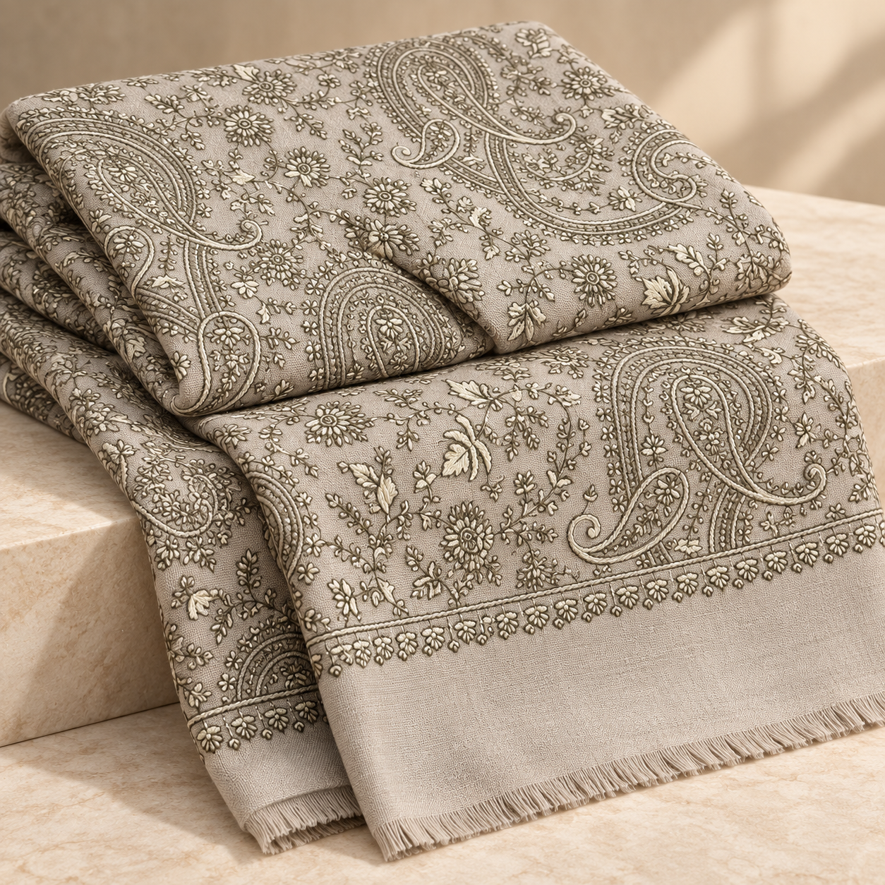 Taupe Paisley Machine Sozni Fine Wool Shawl