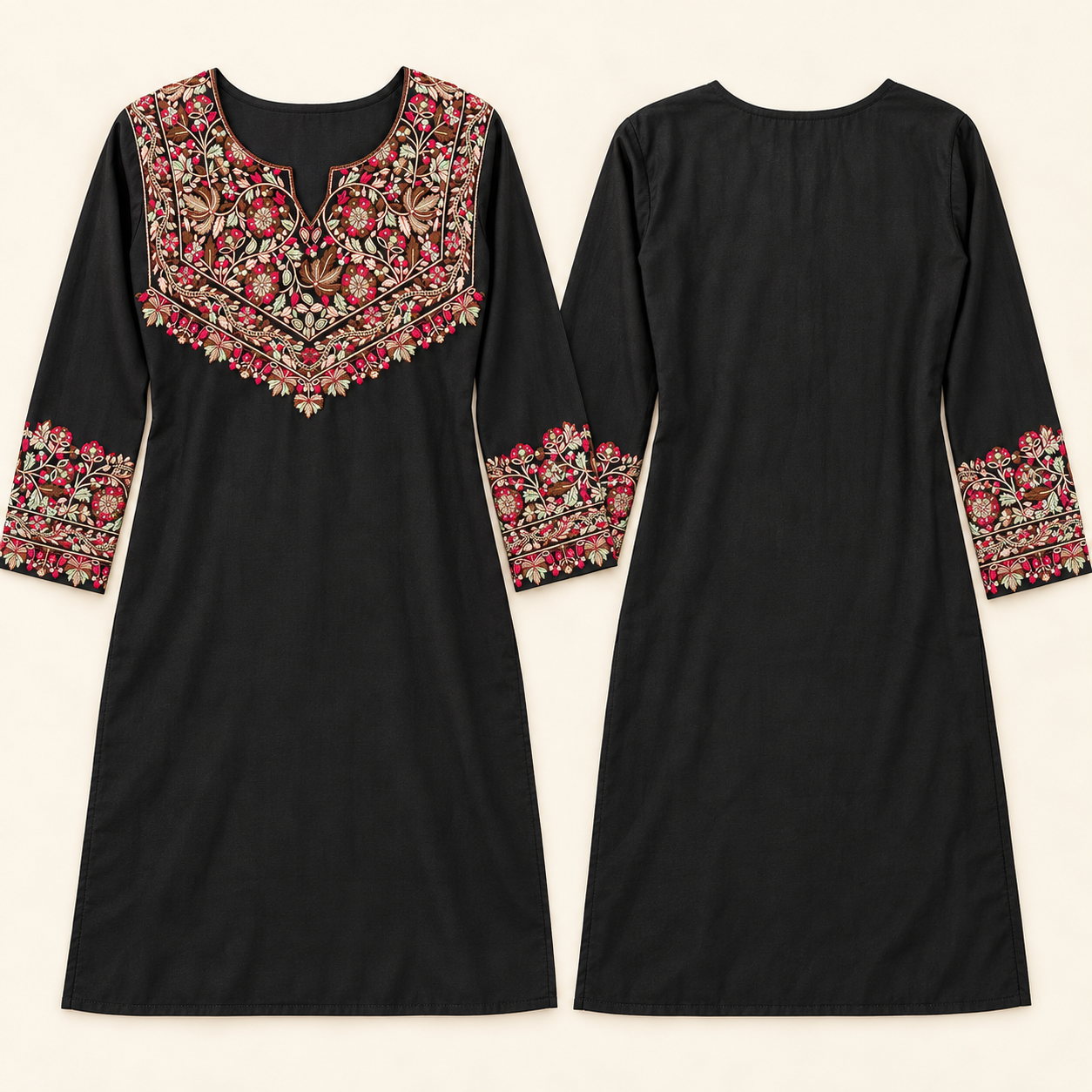 Black Multicolour Paper Mache Embroidered Short Kurti