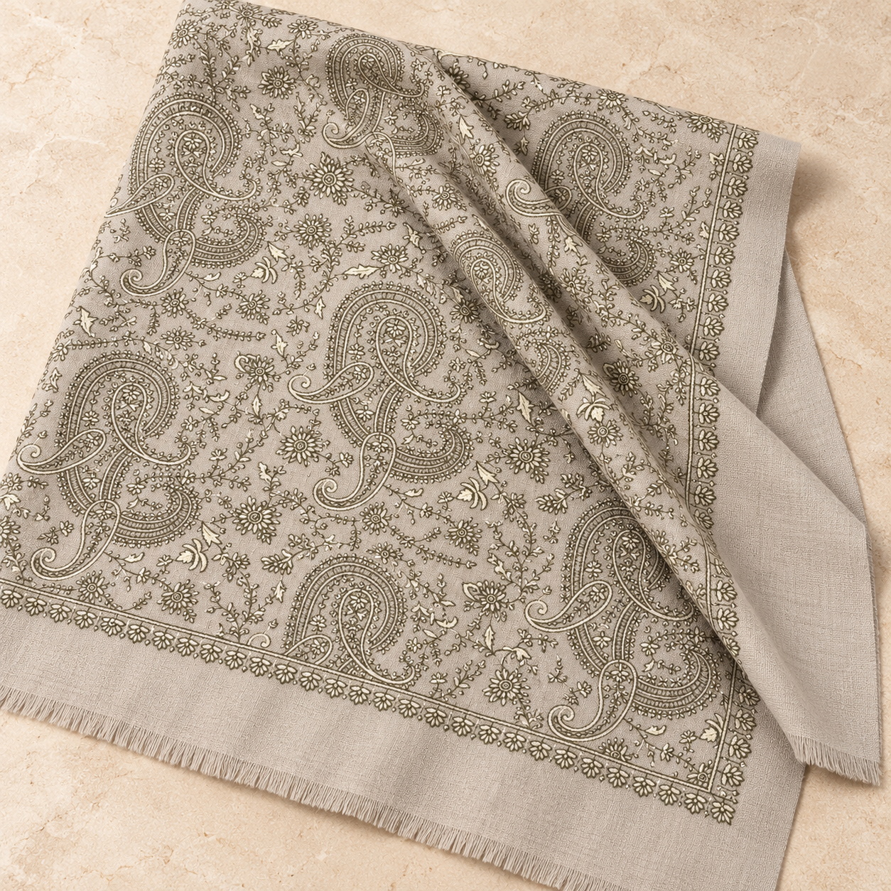 Taupe Paisley Machine Sozni Fine Wool Shawl